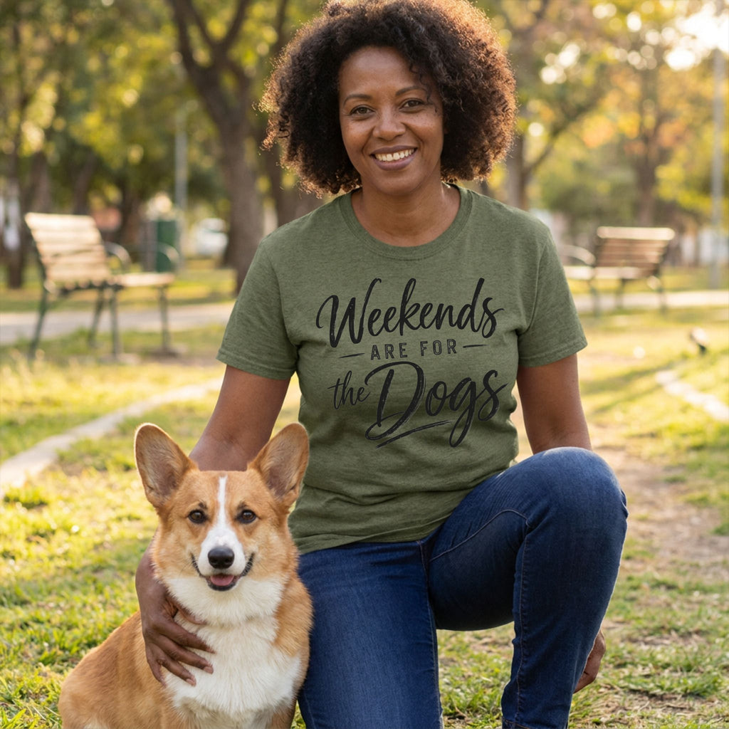 Woman wearing an olive green crewneck T-shirt with Weekends Are For The Dogs text, kneeling in a park with a corgi.
