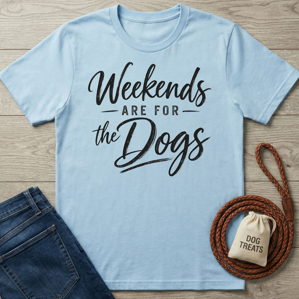 Light blue crewneck t-shirt with black Weekends Are For The Dogs script text, laid flat with jeans and a leather leash.