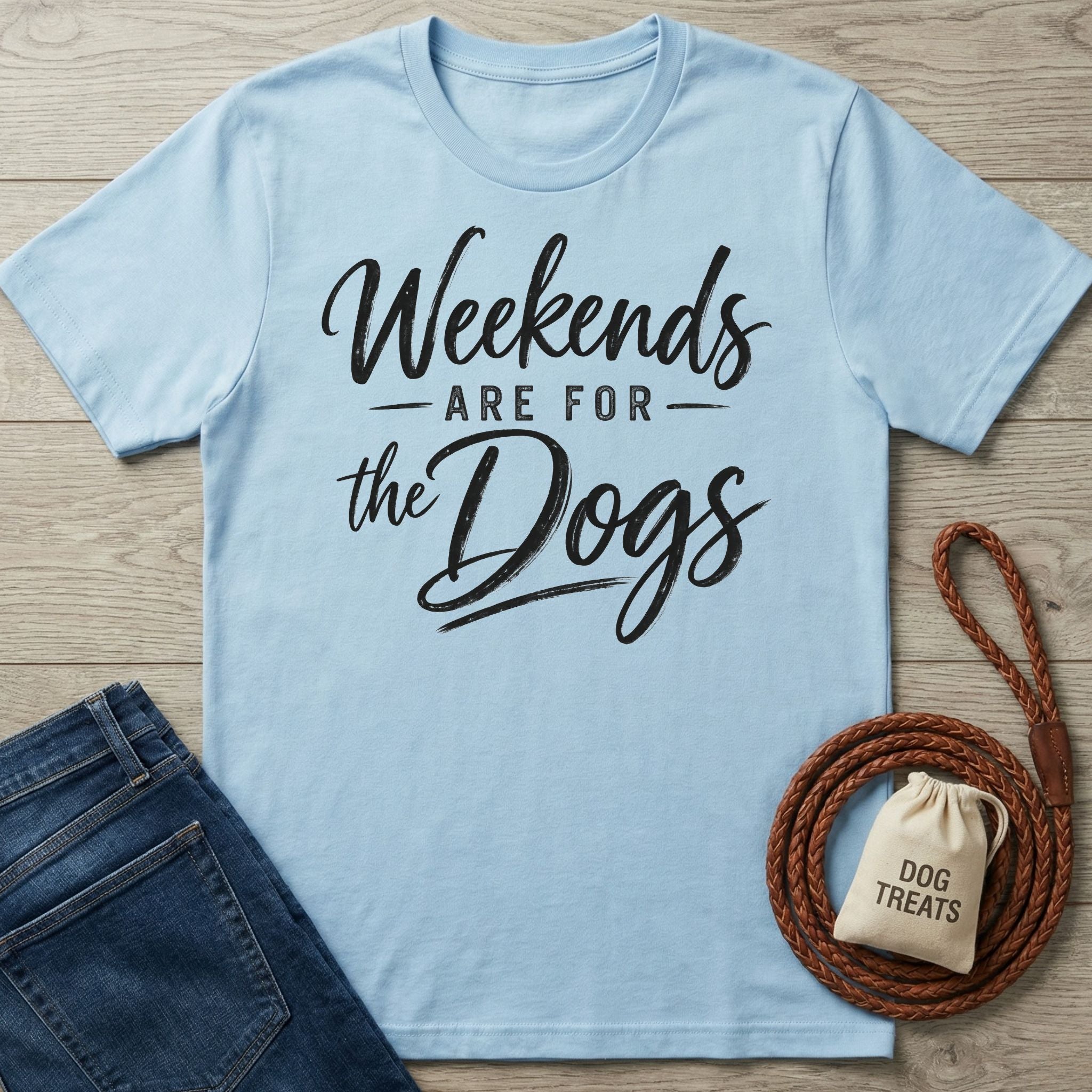 Light blue crewneck t-shirt with black Weekends Are For The Dogs script text, laid flat with jeans and a leather leash.