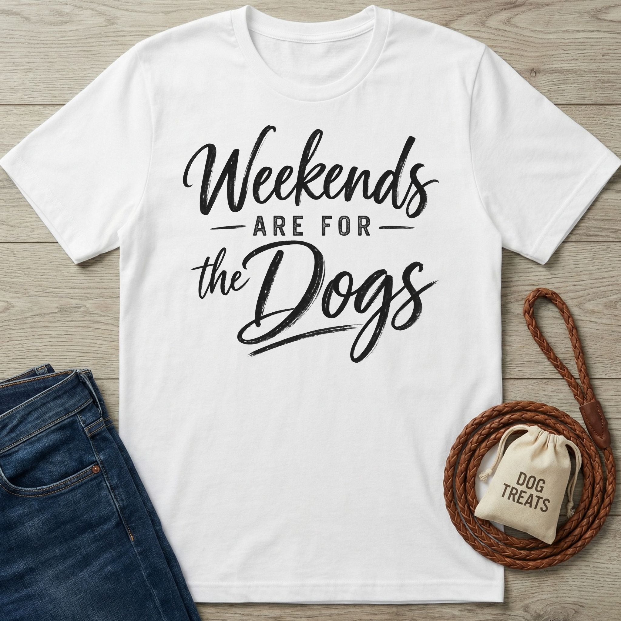 White crewneck t-shirt with black cursive text reading Weekends Are For The Dogs, styled with a leather leash and treat bag.