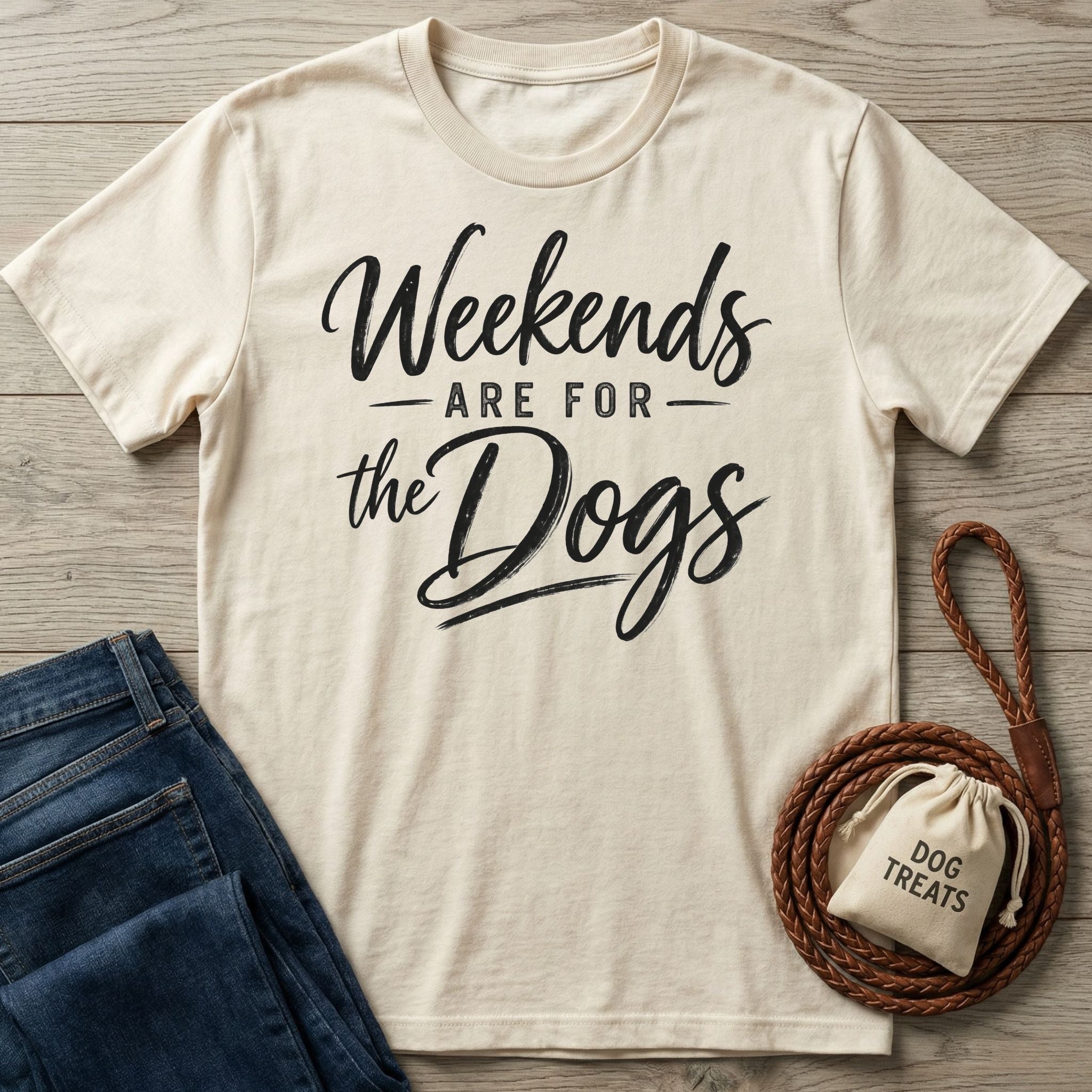 Cream-colored crewneck t-shirt with black Weekends Are For The Dogs script text, laid flat with jeans and a leather leash.