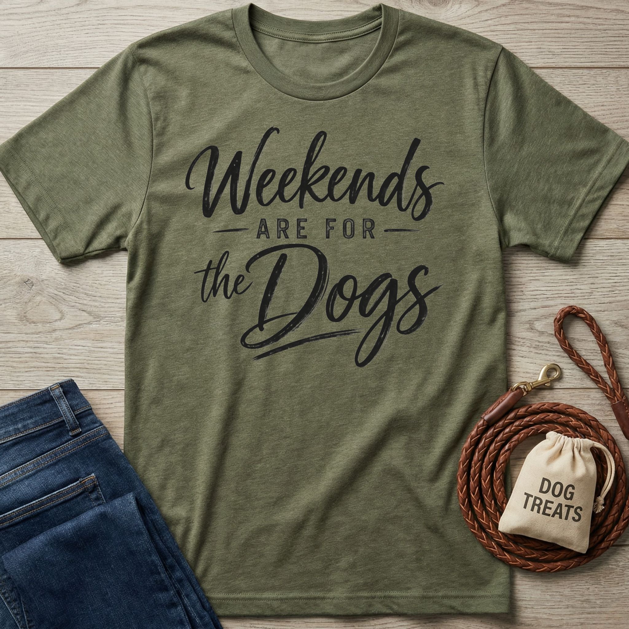 Olive green crewneck t-shirt with Weekends Are For The Dogs text, styled with blue jeans, a leather leash, and treat bag.