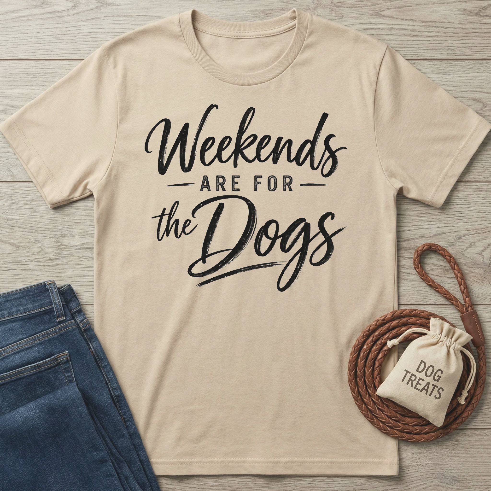 Beige crewneck t-shirt with black script text reading Weekends Are For The Dogs, laid flat with jeans and a treat bag.
