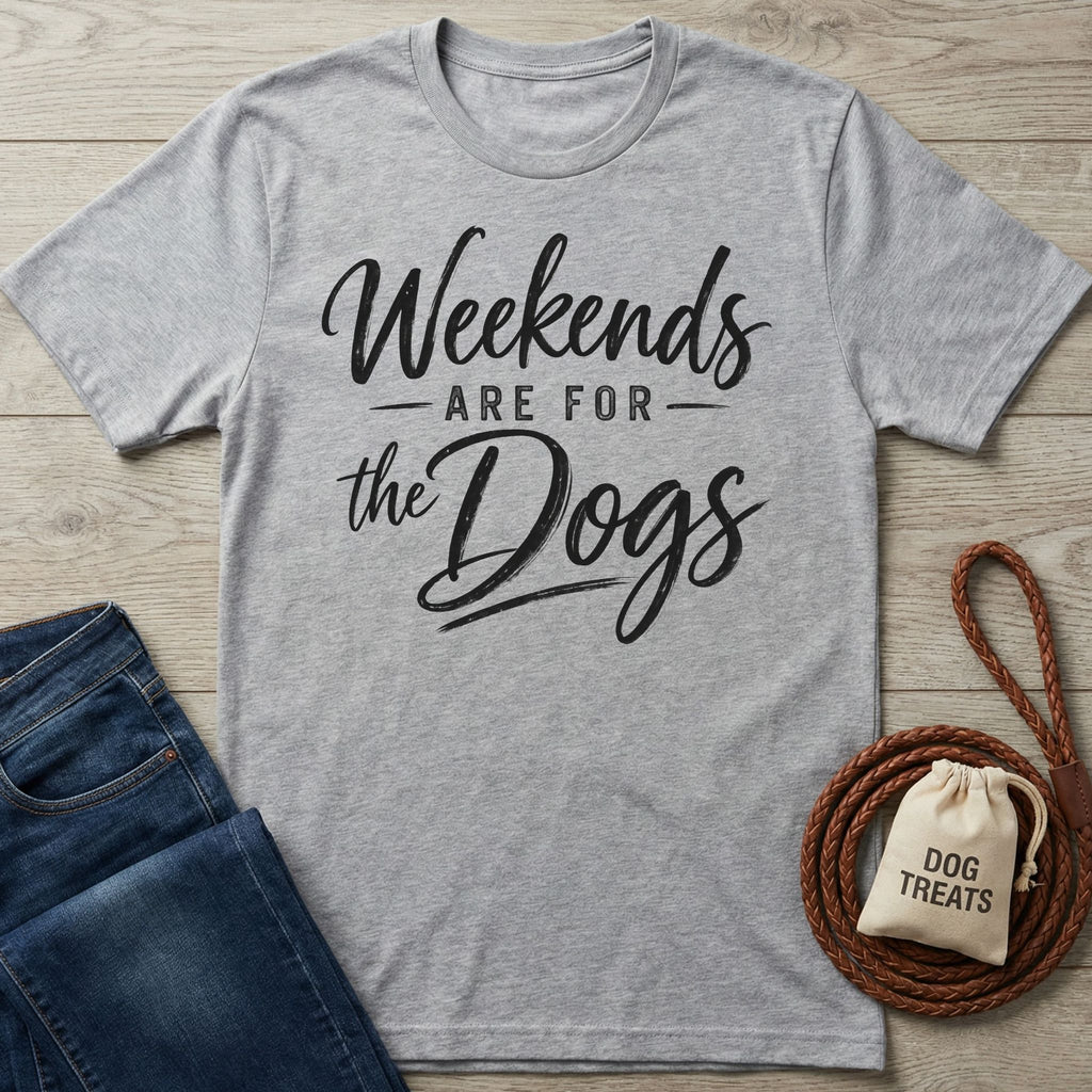 Grey crewneck t-shirt with black cursive text reading Weekends Are For The Dogs, laid flat with jeans and a dog leash.