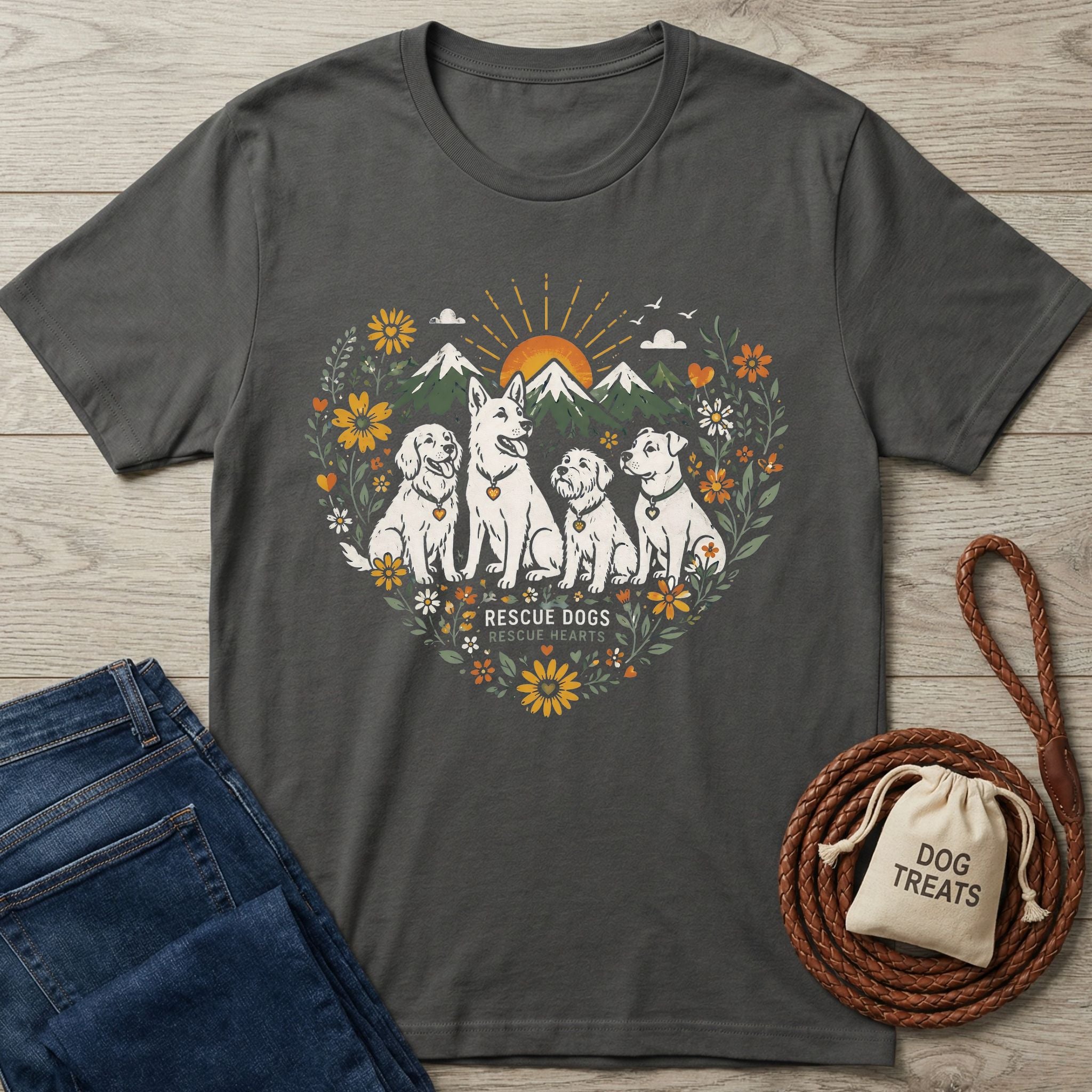 Charcoal grey Gildan Softstyle® t-shirt with "Rescue Dogs Rescue Hearts" graphic, surrounded by flowers and mountains.