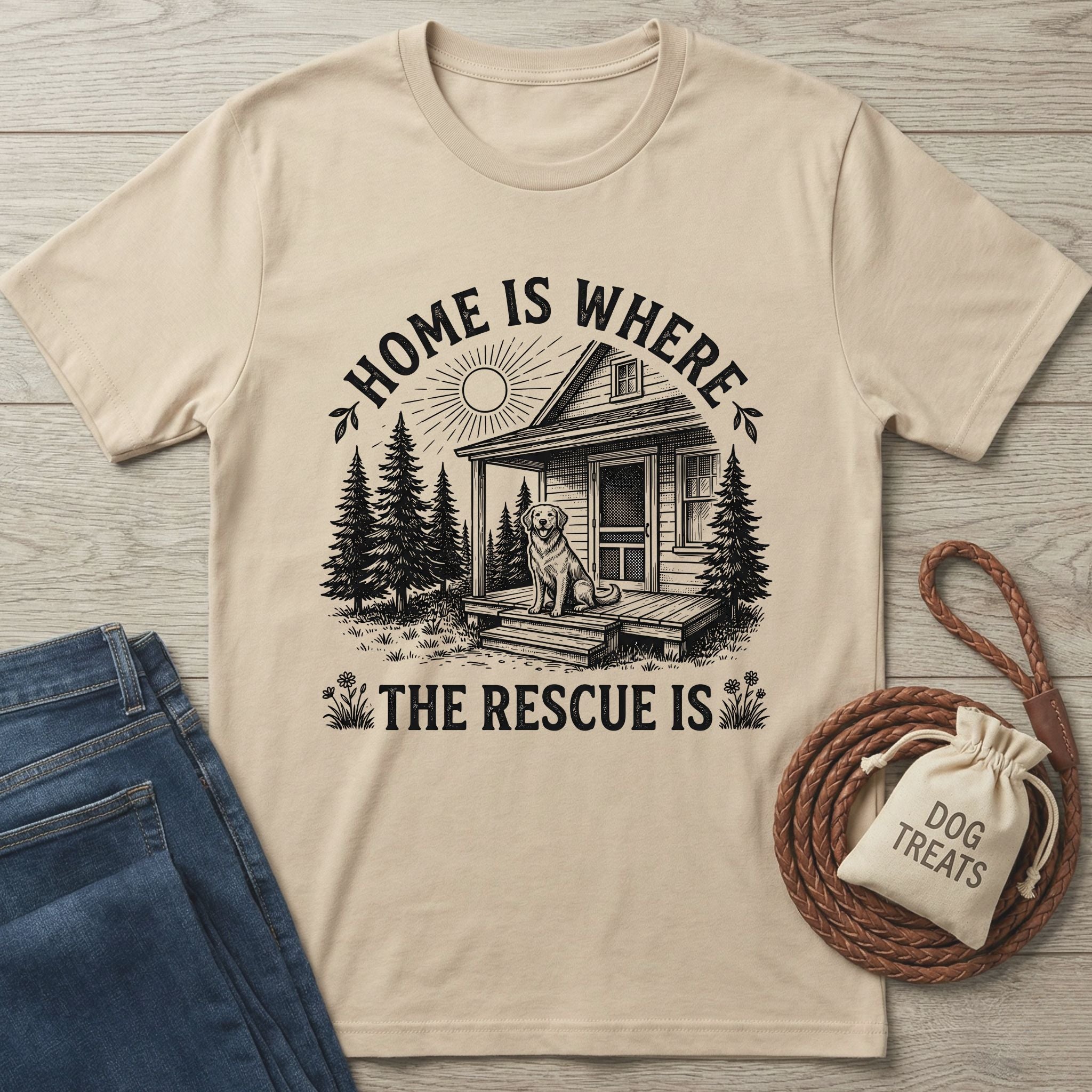 Sand Gildan Softstyle® 64000 t-shirt with "Home Is Where The Rescue Is" graphic featuring a dog on a porch.