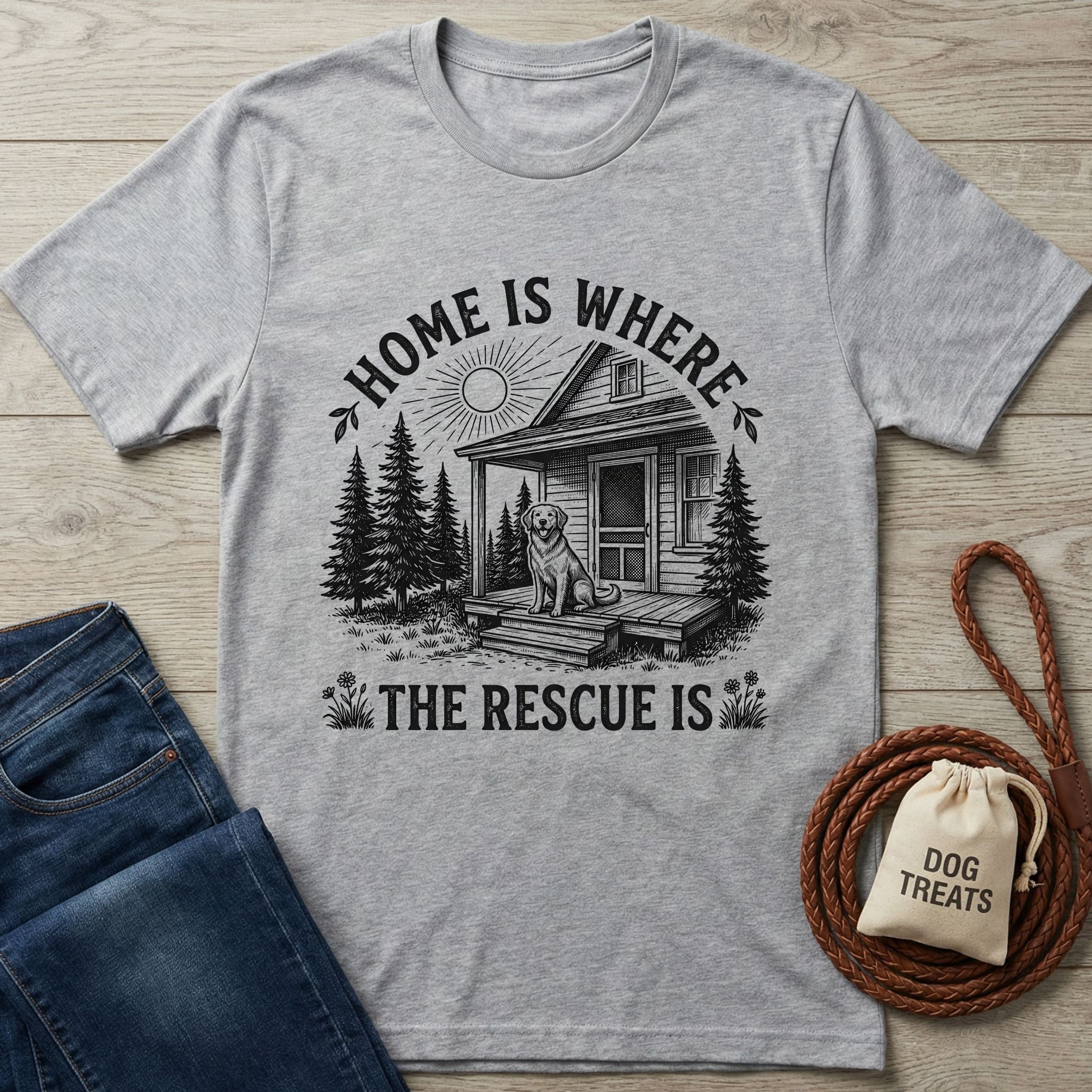 Heather grey Gildan Softstyle t-shirt with "Home Is Where The Rescue Is" graphic featuring a dog on a porch.