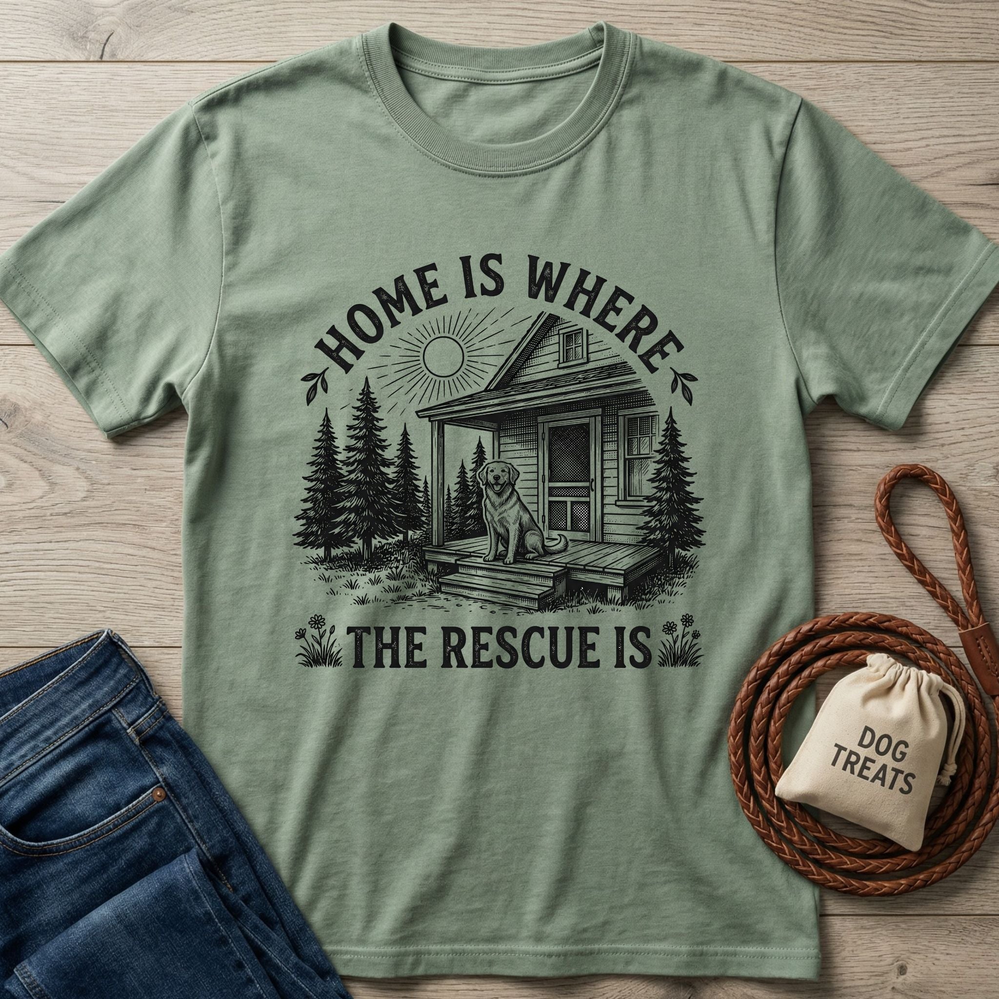 Sage green Gildan Softstyle® t-shirt with "Home Is Where The Rescue Is" graphic featuring a dog on a porch.