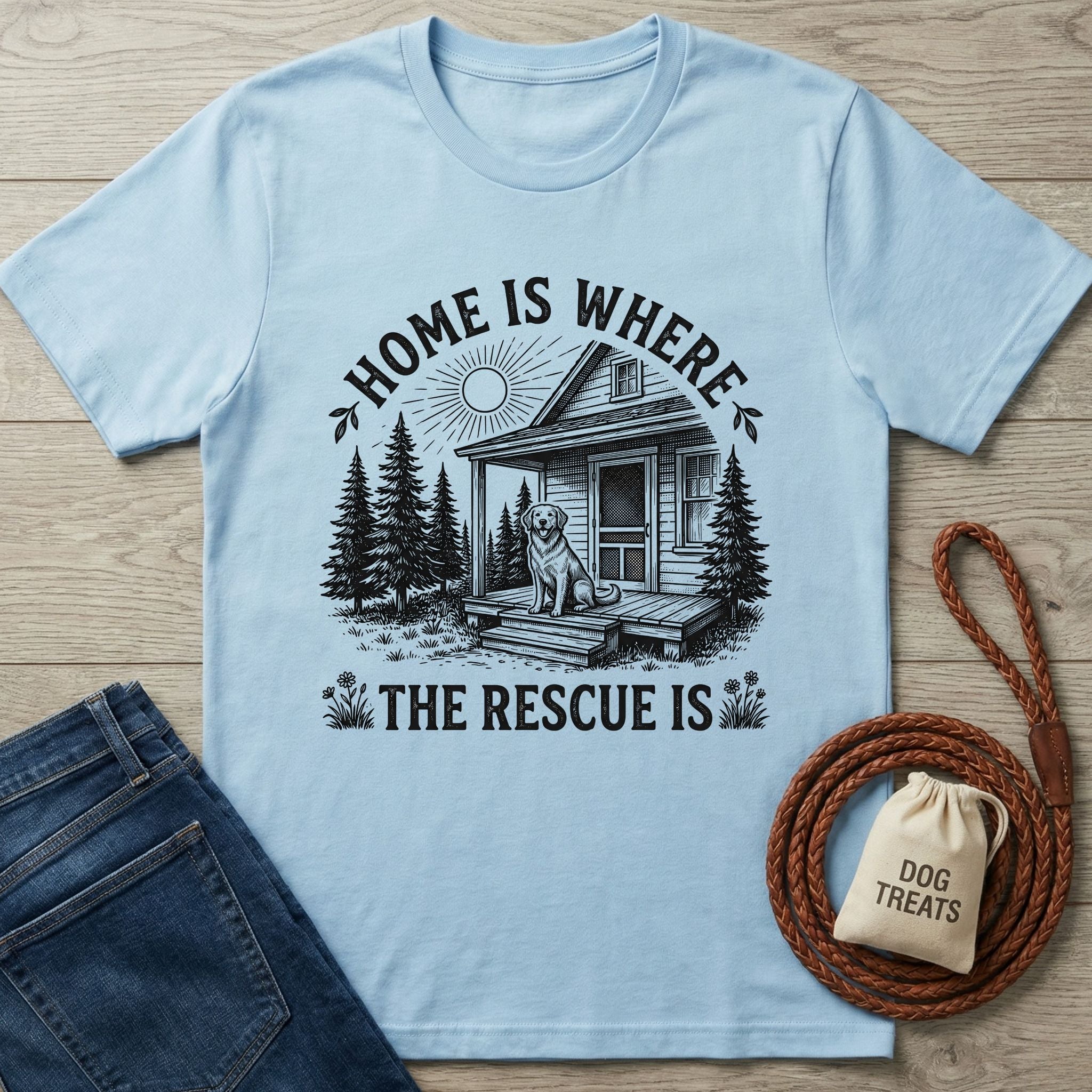 Light blue Gildan Softstyle t-shirt with "Home Is Where The Rescue Is" graphic featuring a dog on a porch.