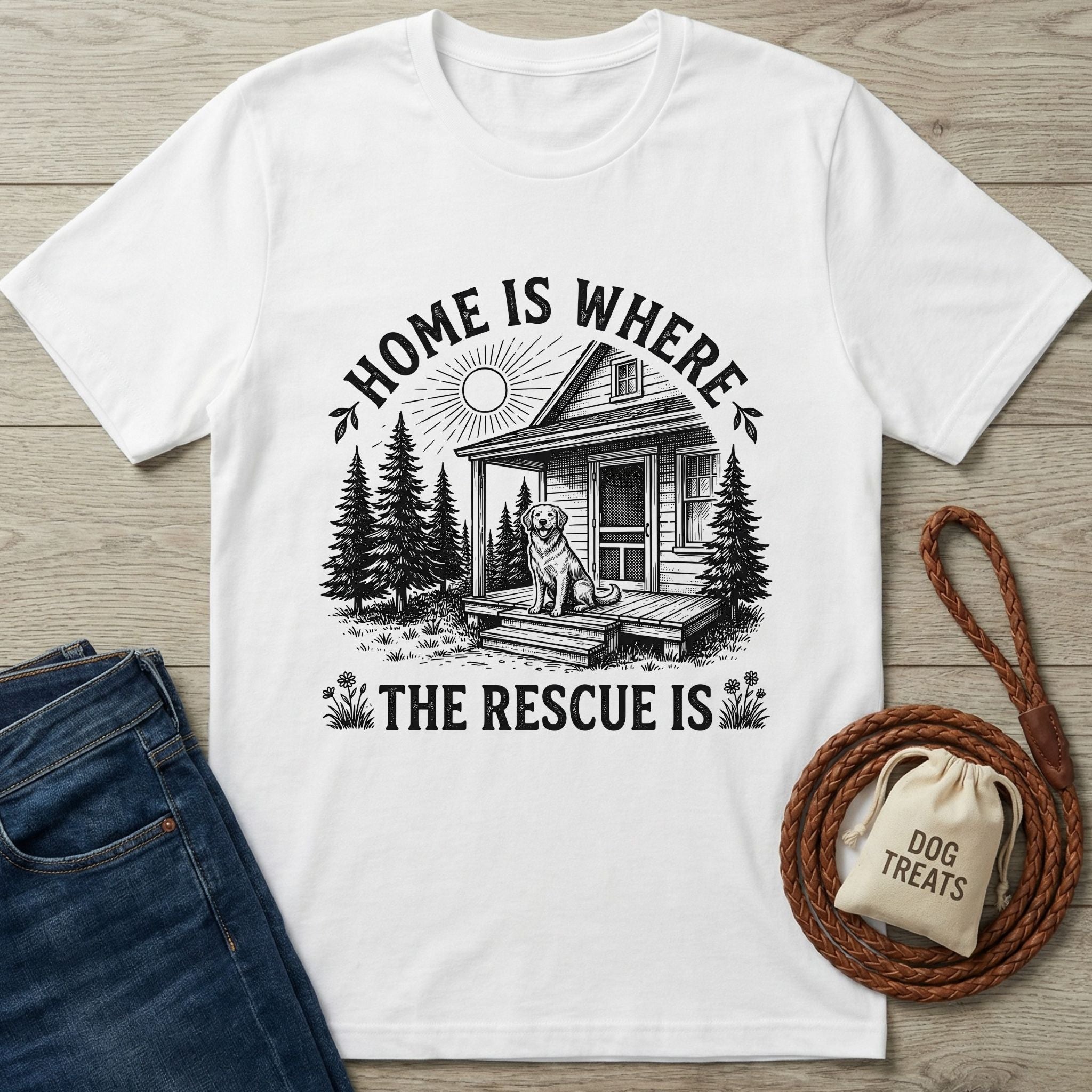 White Gildan Softstyle® t-shirt with "Home Is Where The Rescue Is" graphic featuring a dog on a porch.