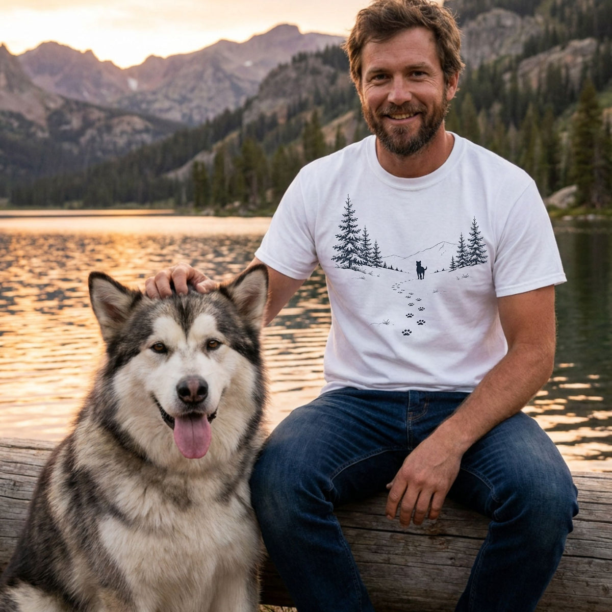 Man wearing a white cotton t-shirt with a mountain, pine forest, and paw print graphic while sitting with his dog.