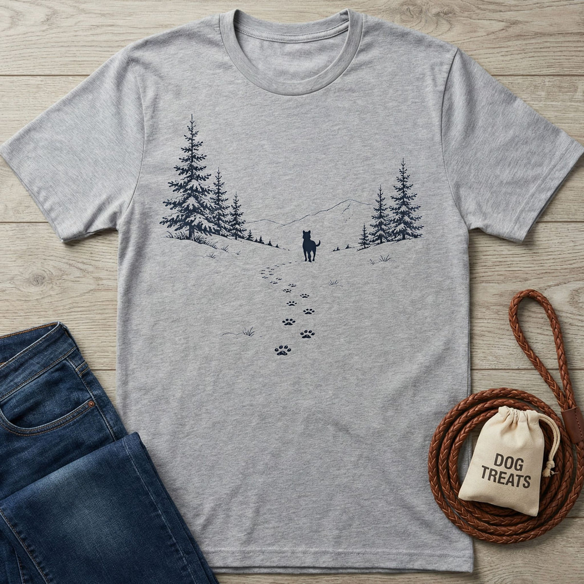 Grey cotton t-shirt featuring a dark blue graphic of a dog, pine trees, and paw prints on a snowy mountain trail.