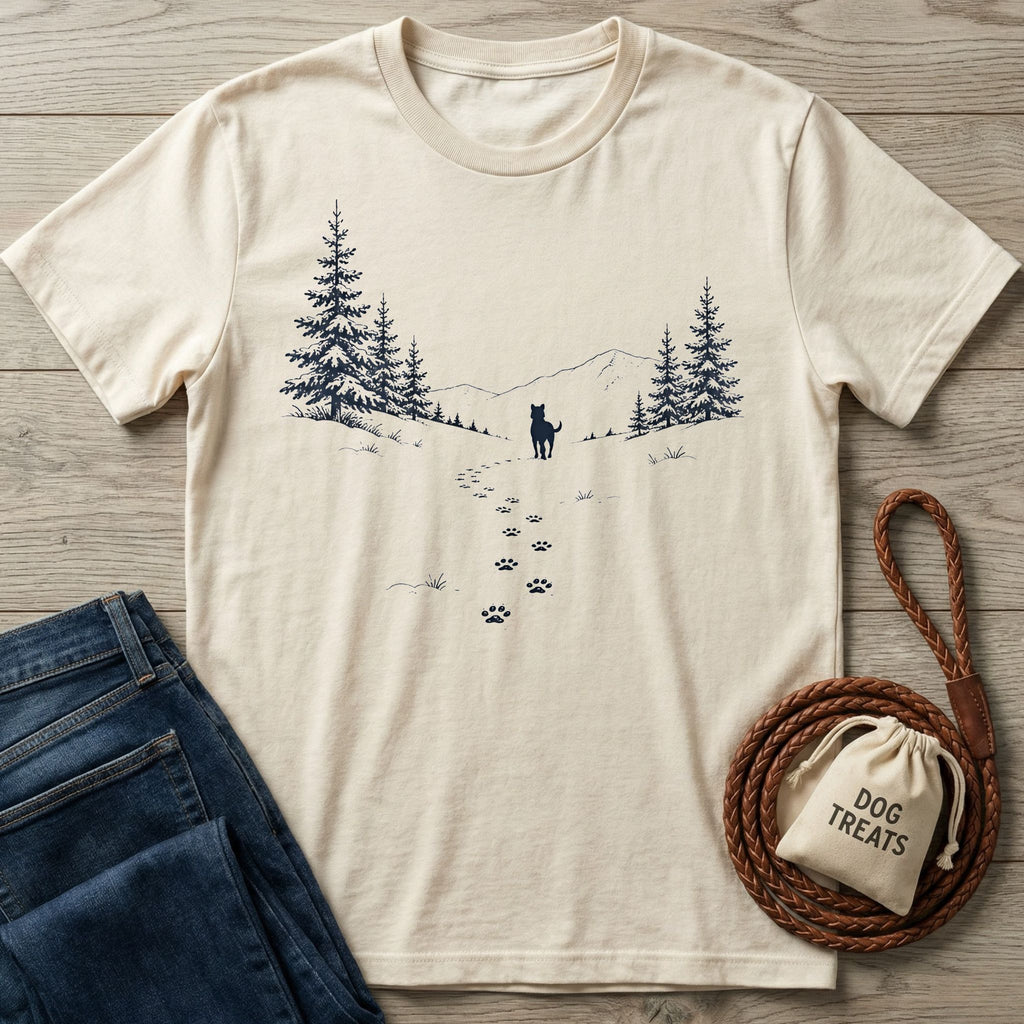 Cream-colored cotton t-shirt featuring a navy mountain, pine forest, and dog silhouette graphic with paw prints.