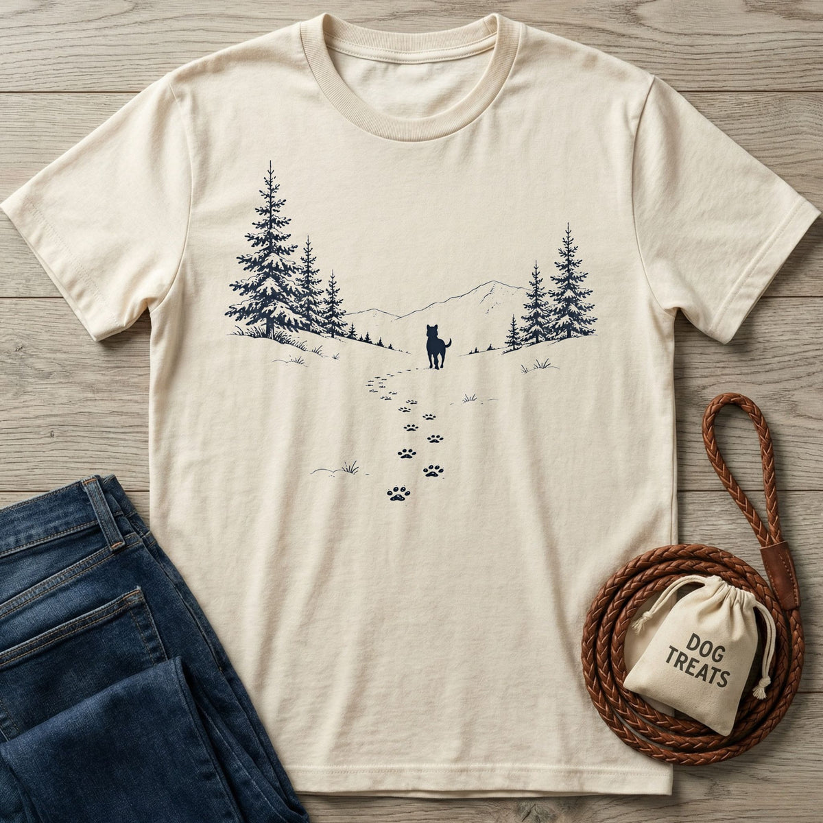 Cream-colored cotton t-shirt featuring a navy mountain, pine forest, and dog silhouette graphic with paw prints.