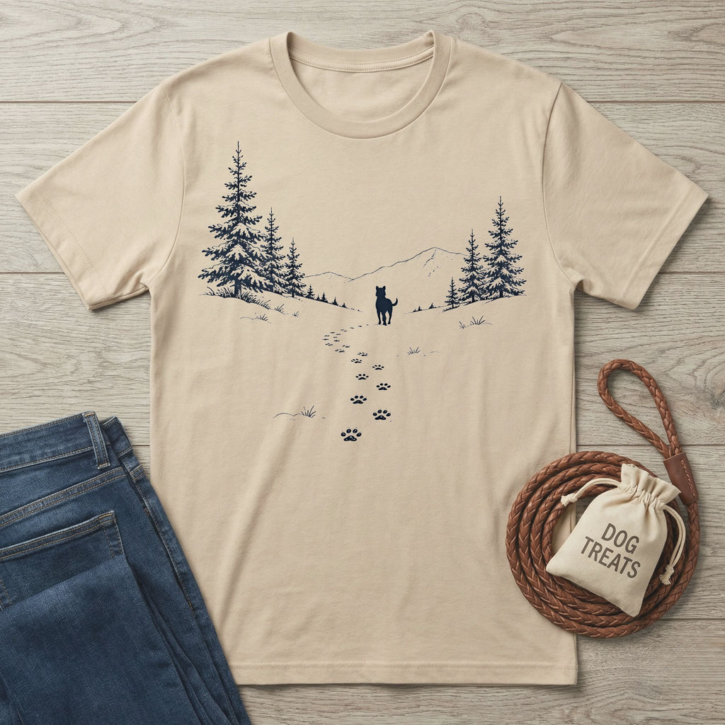 Beige cotton t-shirt featuring a black mountain, pine forest, and dog paw print graphic on a wooden background.