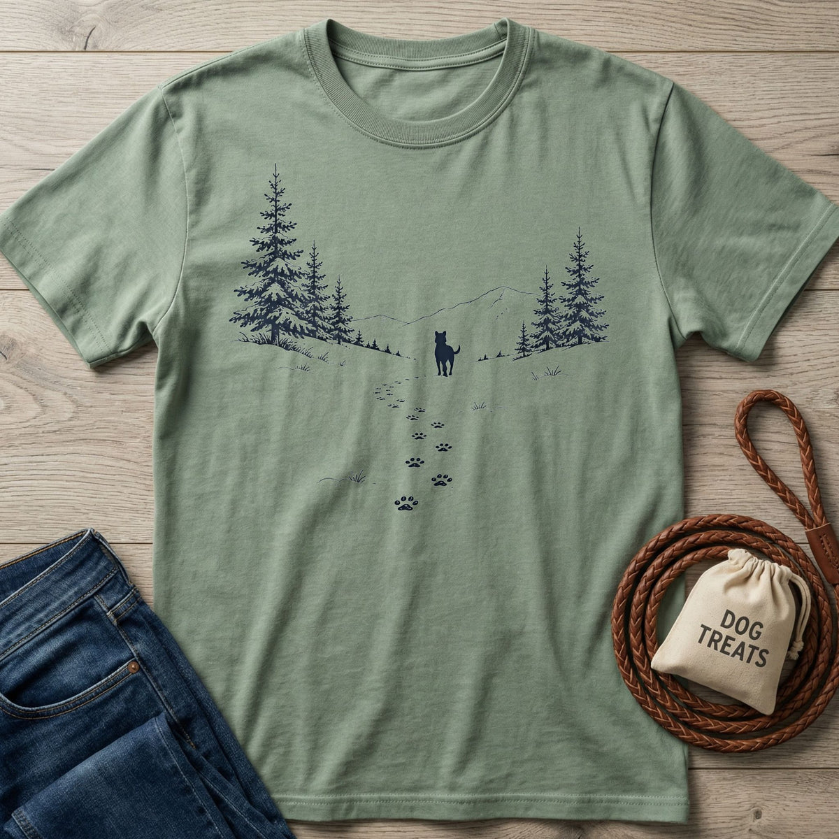 Sage green cotton t-shirt featuring a dark blue mountain, pine forest, and dog silhouette graphic with paw prints.