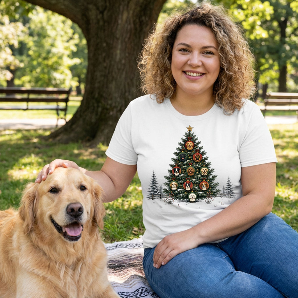 Woman wearing a white crew neck T-shirt featuring a Christmas tree graphic with various dog breed ornaments, sitting with a golden retriever.