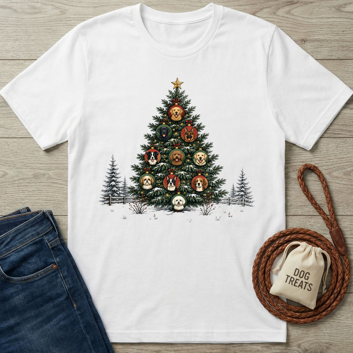 White cotton T-shirt featuring a Christmas tree graphic decorated with various dog breed ornaments on a snowy background.