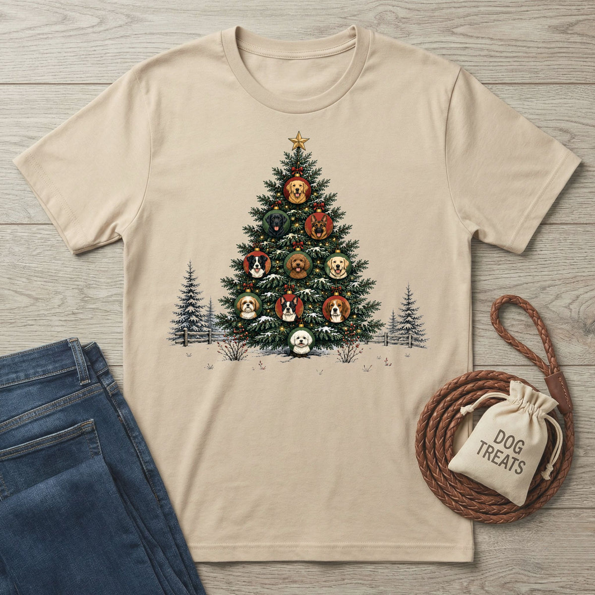 Beige crewneck T-shirt featuring a Christmas tree graphic decorated with various dog breed ornaments on a wooden background.