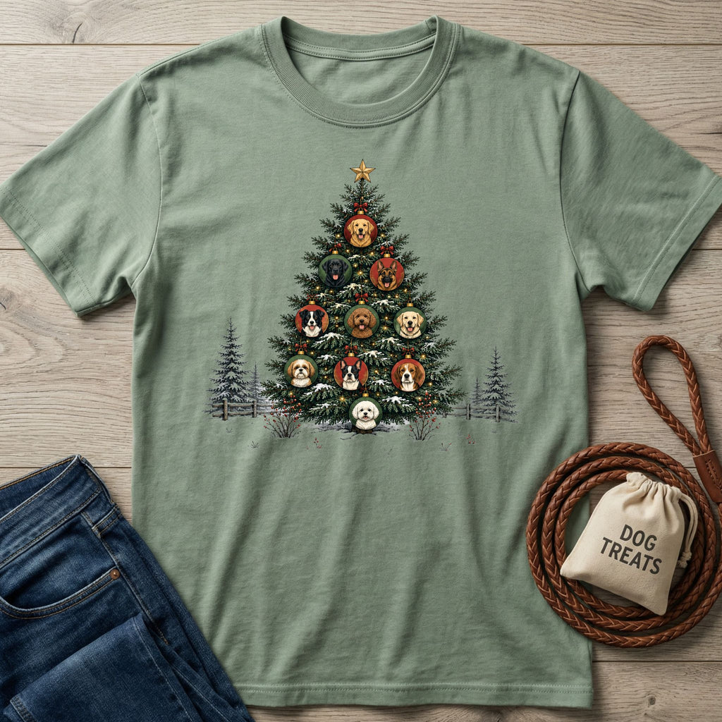 Sage green crewneck T-shirt featuring a Christmas tree graphic decorated with various dog breed ornaments and a gold star.