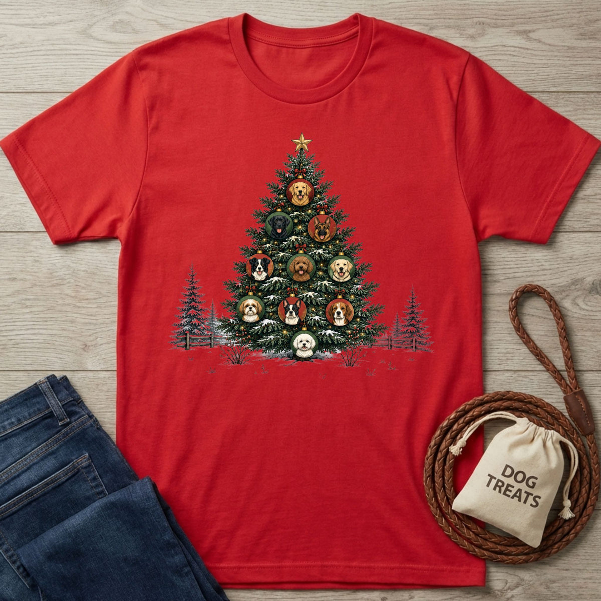 Red crewneck T-shirt featuring a Christmas tree graphic decorated with various dog breed ornaments on a wooden background.