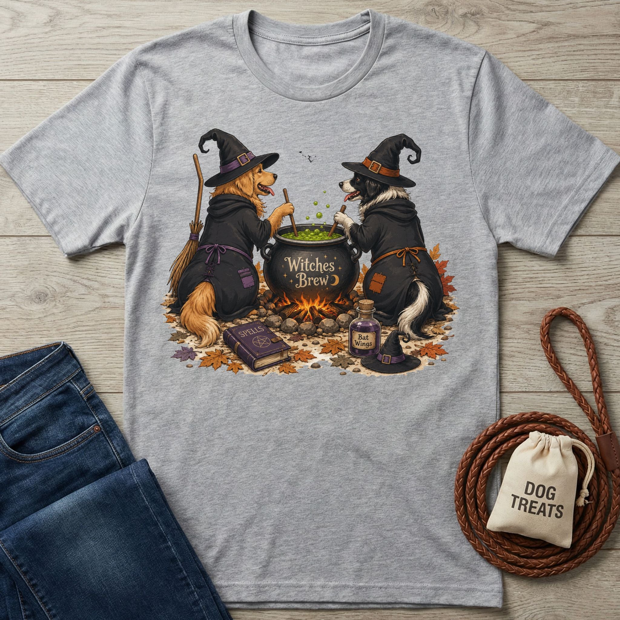 Grey crewneck t-shirt featuring two dogs in witch hats stirring a bubbling cauldron with the text Witches Brew.