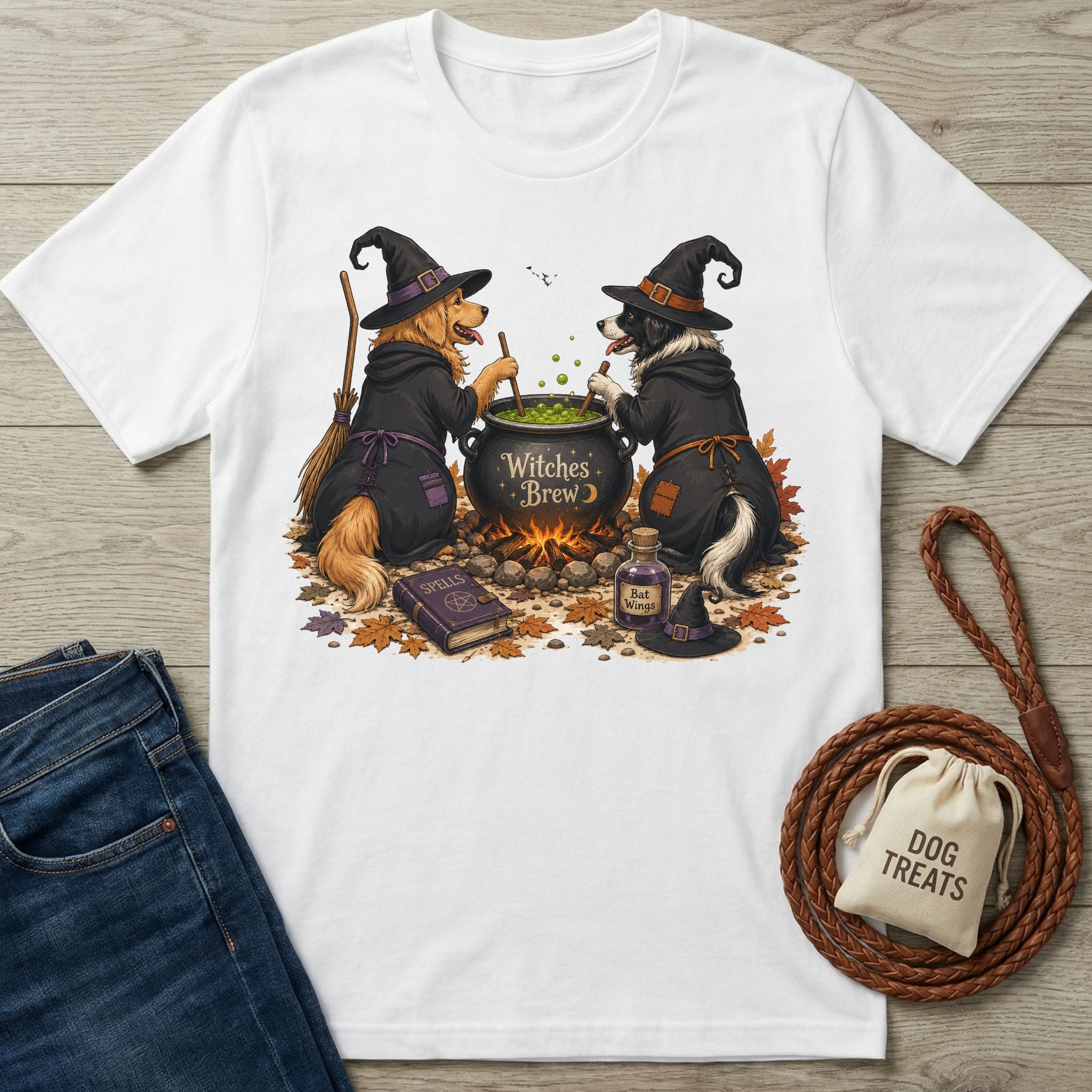 White cotton t-shirt featuring two dogs in witch hats stirring a bubbling cauldron with a Witches Brew graphic.