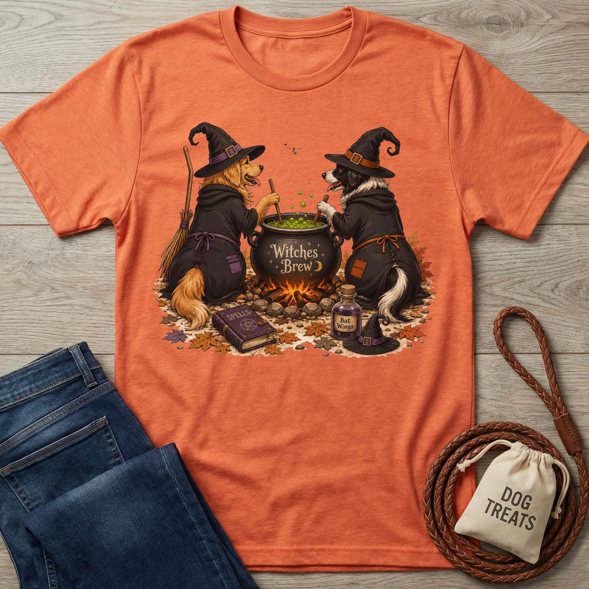 Orange crewneck t-shirt featuring two dogs in witch hats stirring a bubbling cauldron with a Witches Brew graphic.