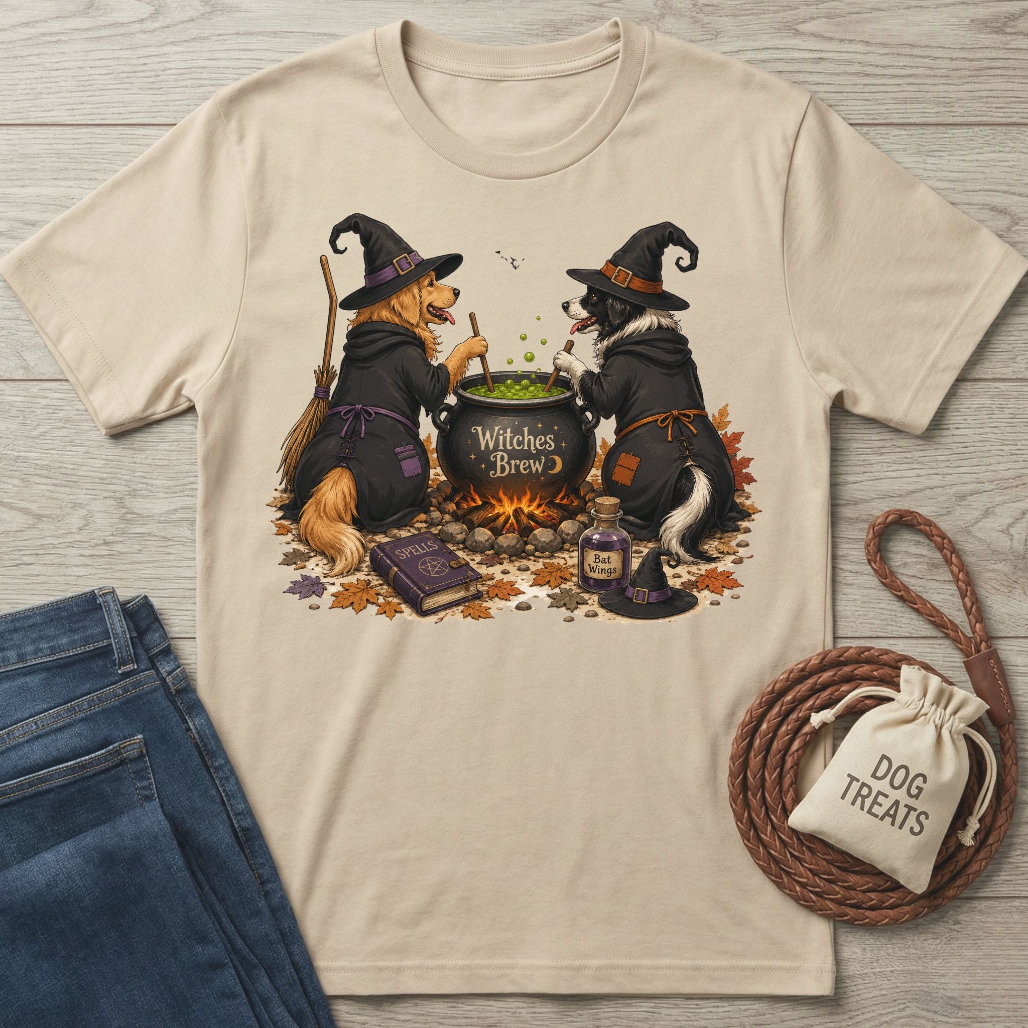 Beige crewneck t-shirt featuring two dogs in witch hats stirring a bubbling cauldron with a spellbook and potion bottle.