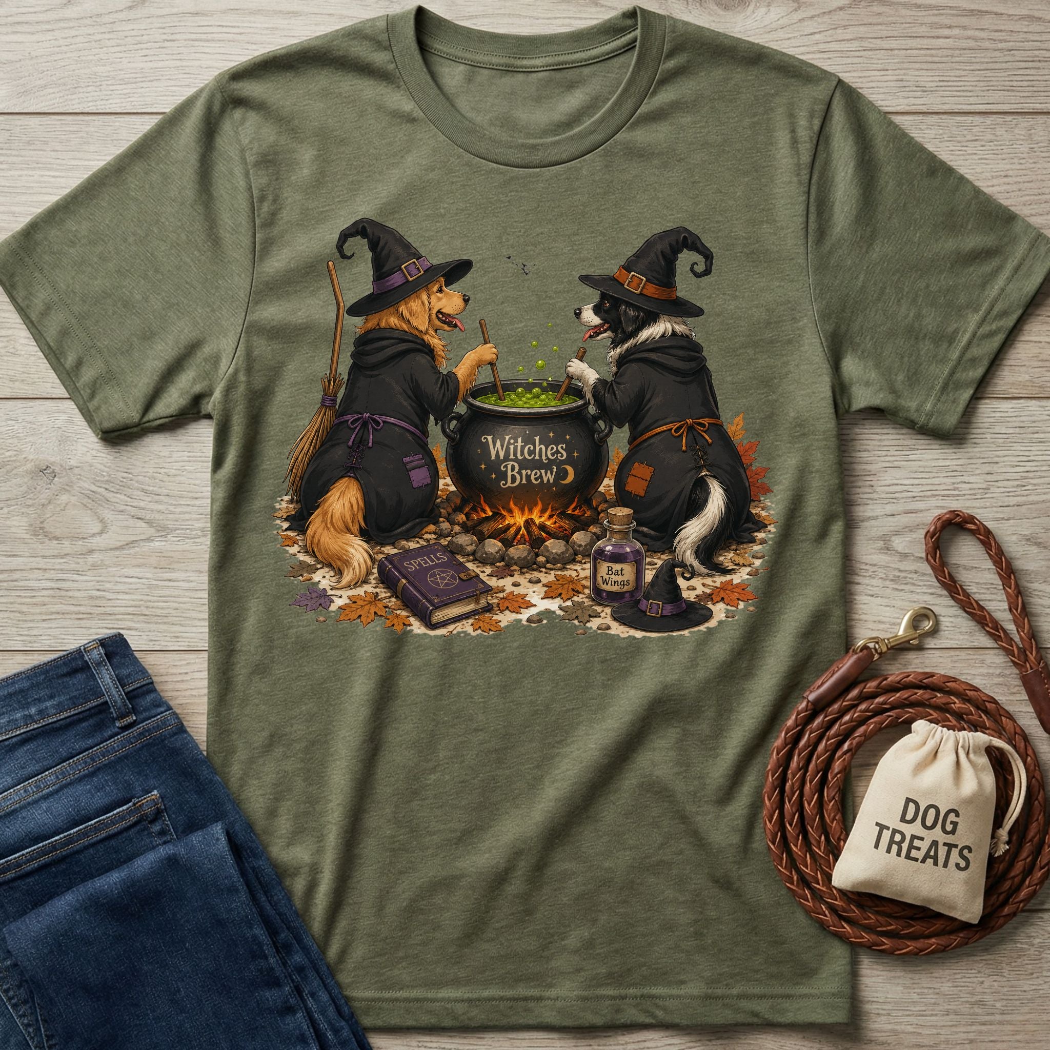 Olive green crewneck t-shirt featuring two dogs in witch hats stirring a bubbling cauldron with the text Witches Brew.