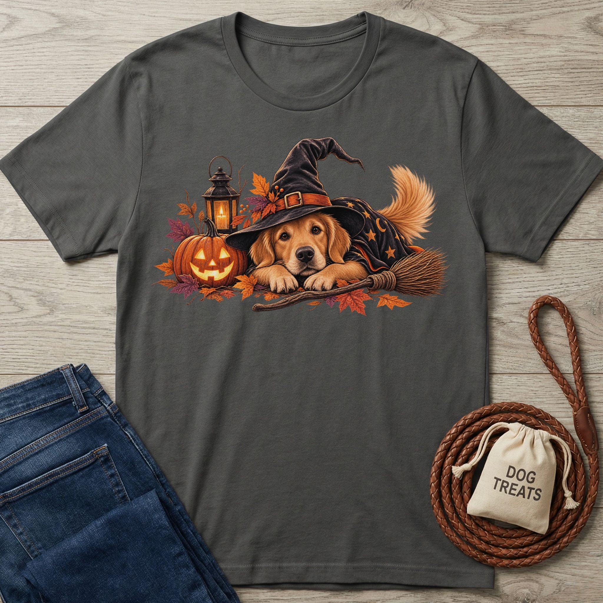 Charcoal grey t-shirt featuring a Golden Retriever in a witch hat, jack-o'-lantern, and autumn leaves graphic.