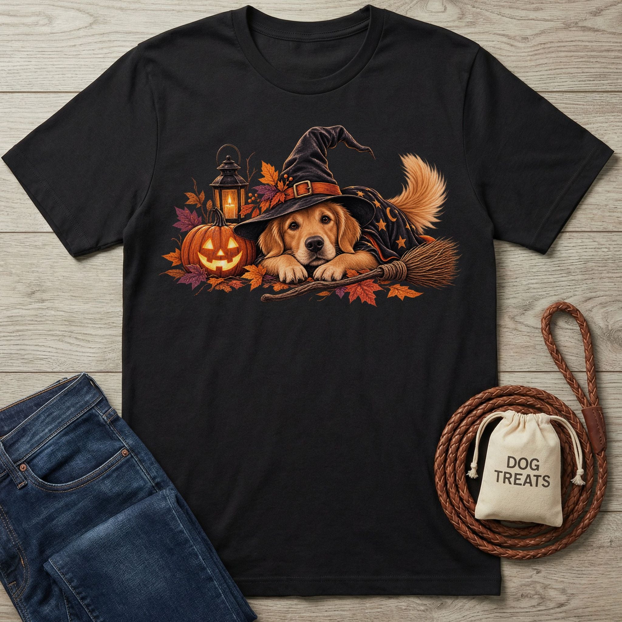 Black t-shirt featuring a Golden Retriever in a witch hat, jack-o'-lantern, and autumn leaves graphic design.