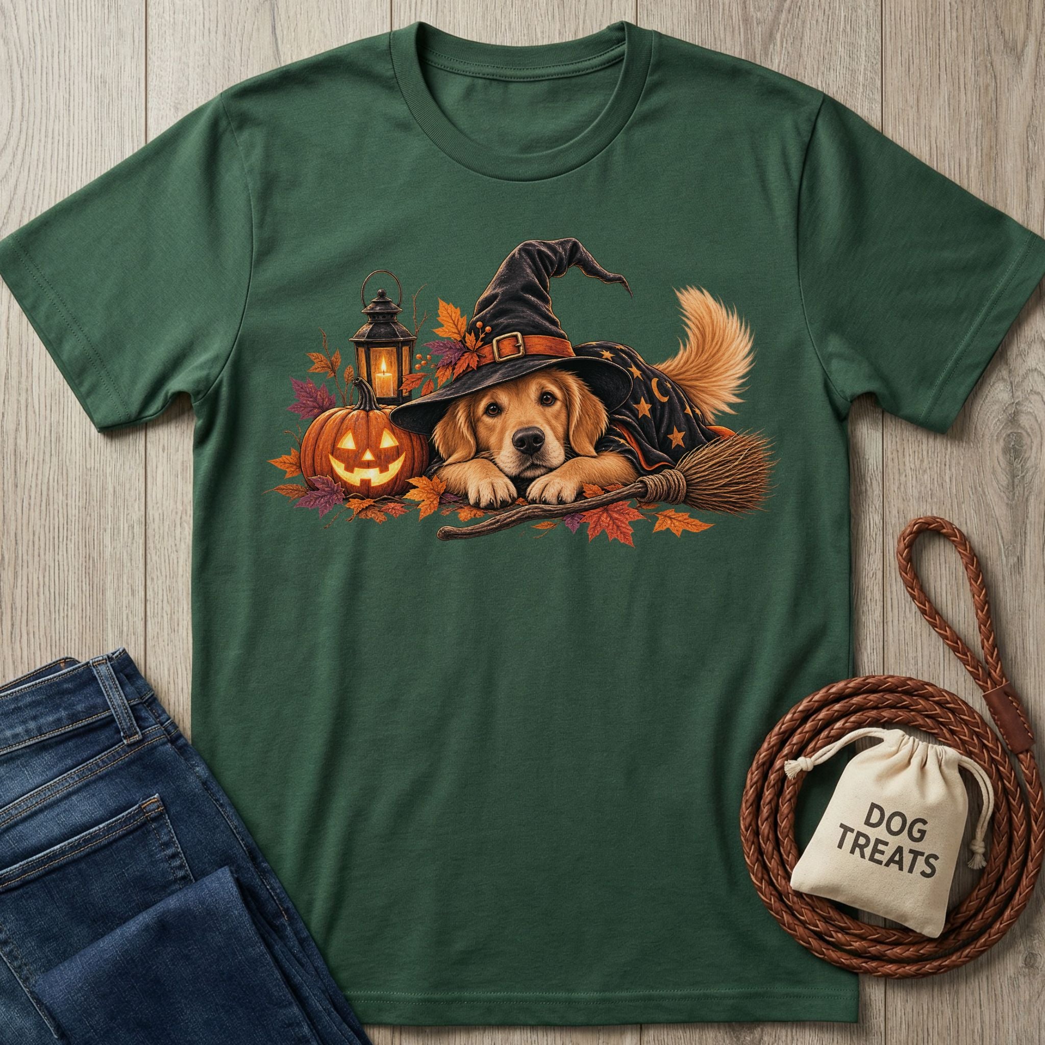 Forest green t-shirt featuring a Golden Retriever in a witch hat, jack-o'-lantern, and autumn leaves graphic design.