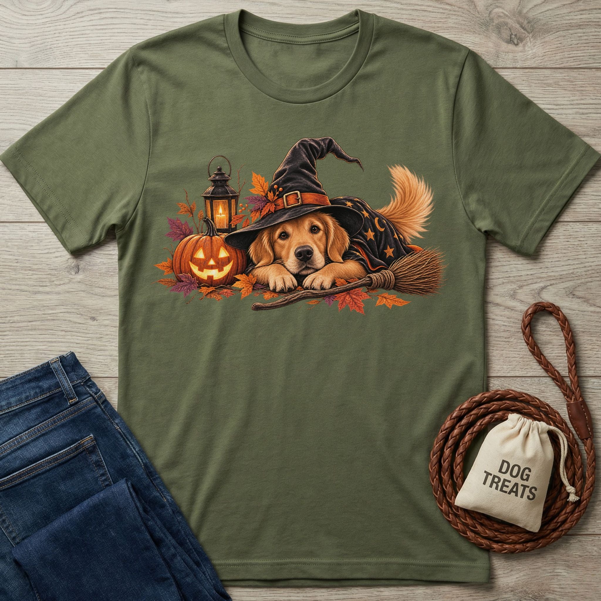 Olive green t-shirt featuring a Golden Retriever wearing a witch hat, surrounded by jack-o'-lanterns and autumn leaves.