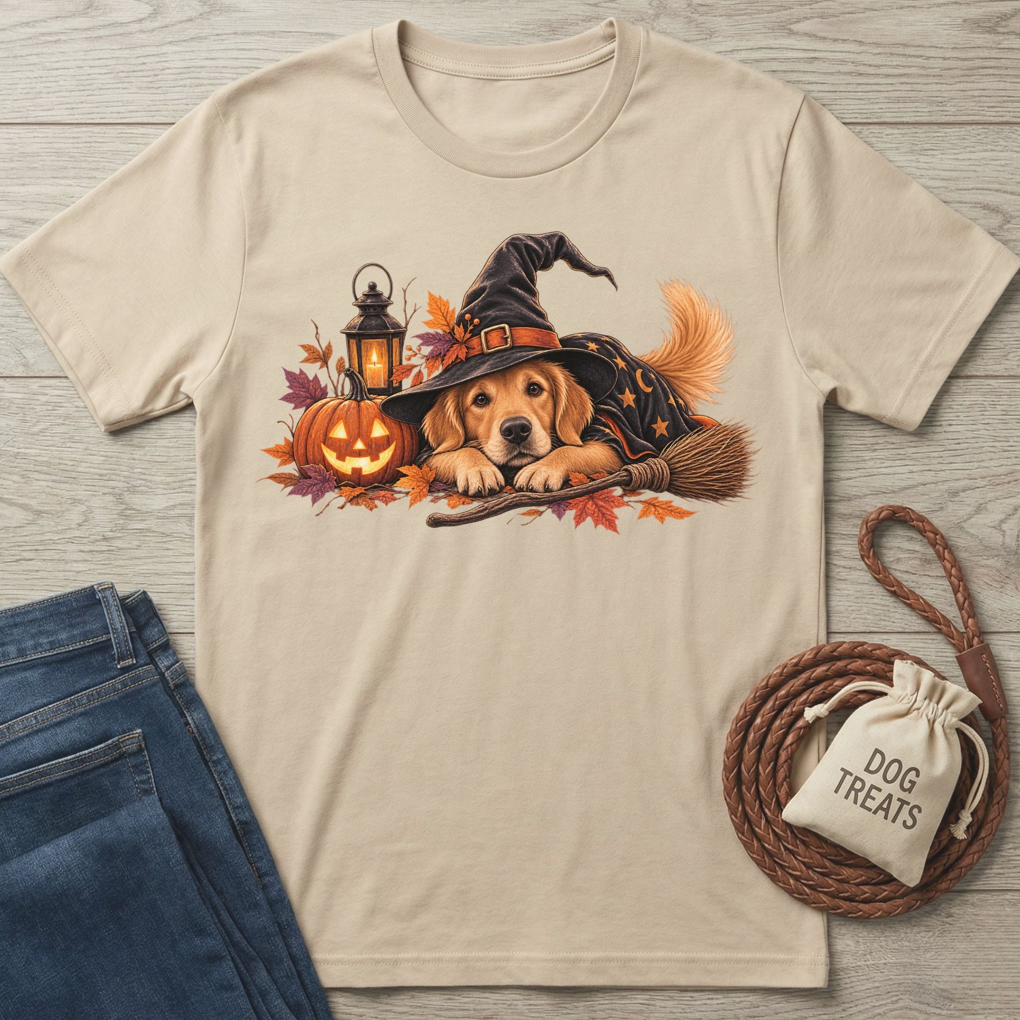 Beige crewneck t-shirt featuring a Golden Retriever in a witch hat, jack-o'-lantern, and autumn leaves graphic.