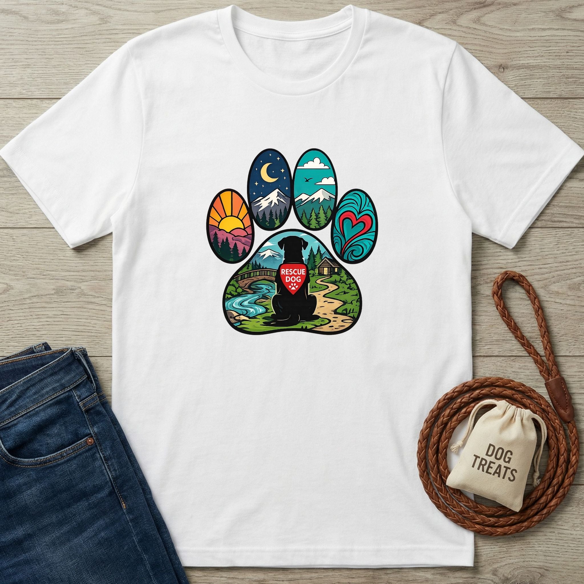 White cotton Wonder Paw T-shirt with a colorful paw print design featuring a black dog wearing a "Rescue Dog" bandana.