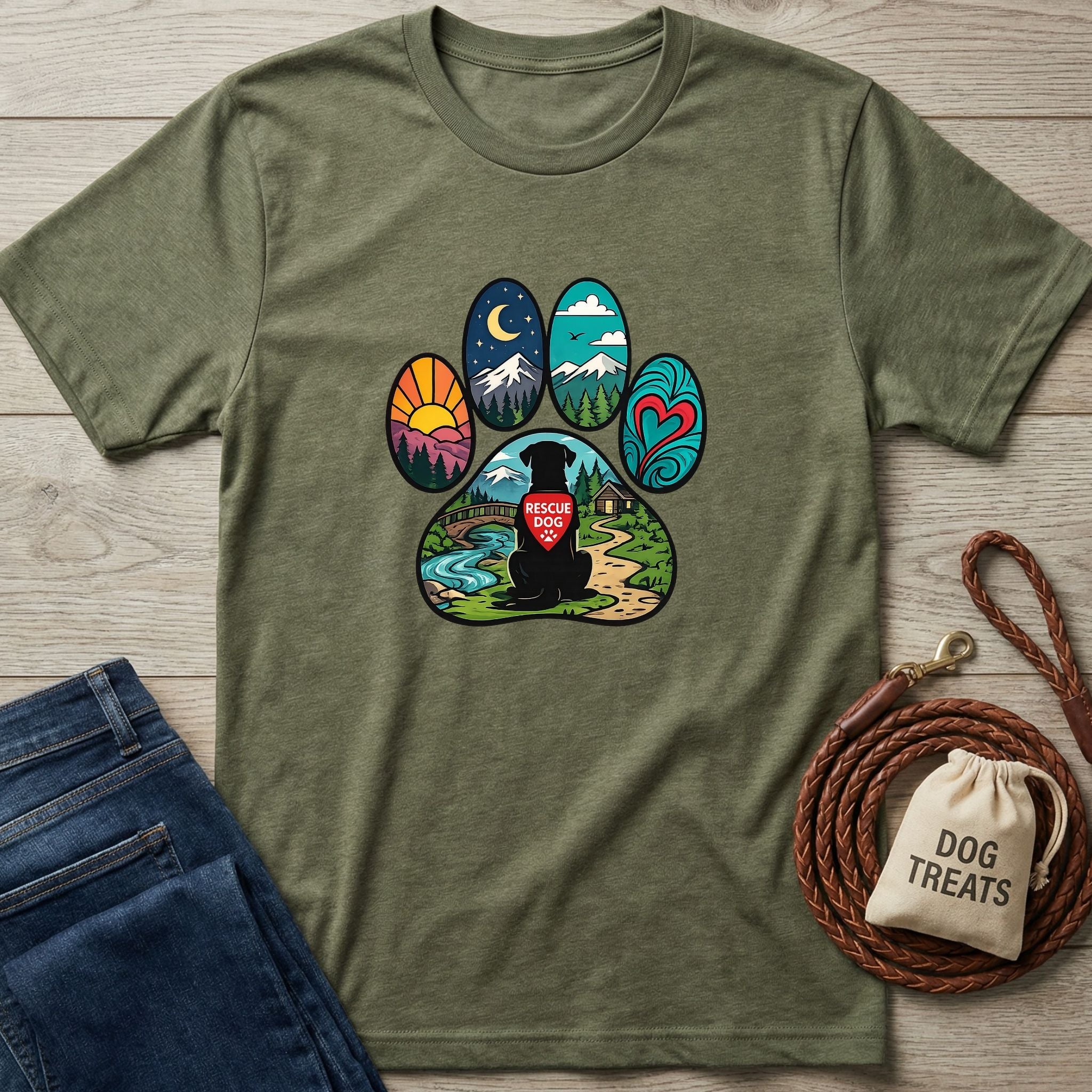 Olive green Wonder Paw T-shirt with a colorful paw print design featuring a black rescue dog, mountains, and sunset.