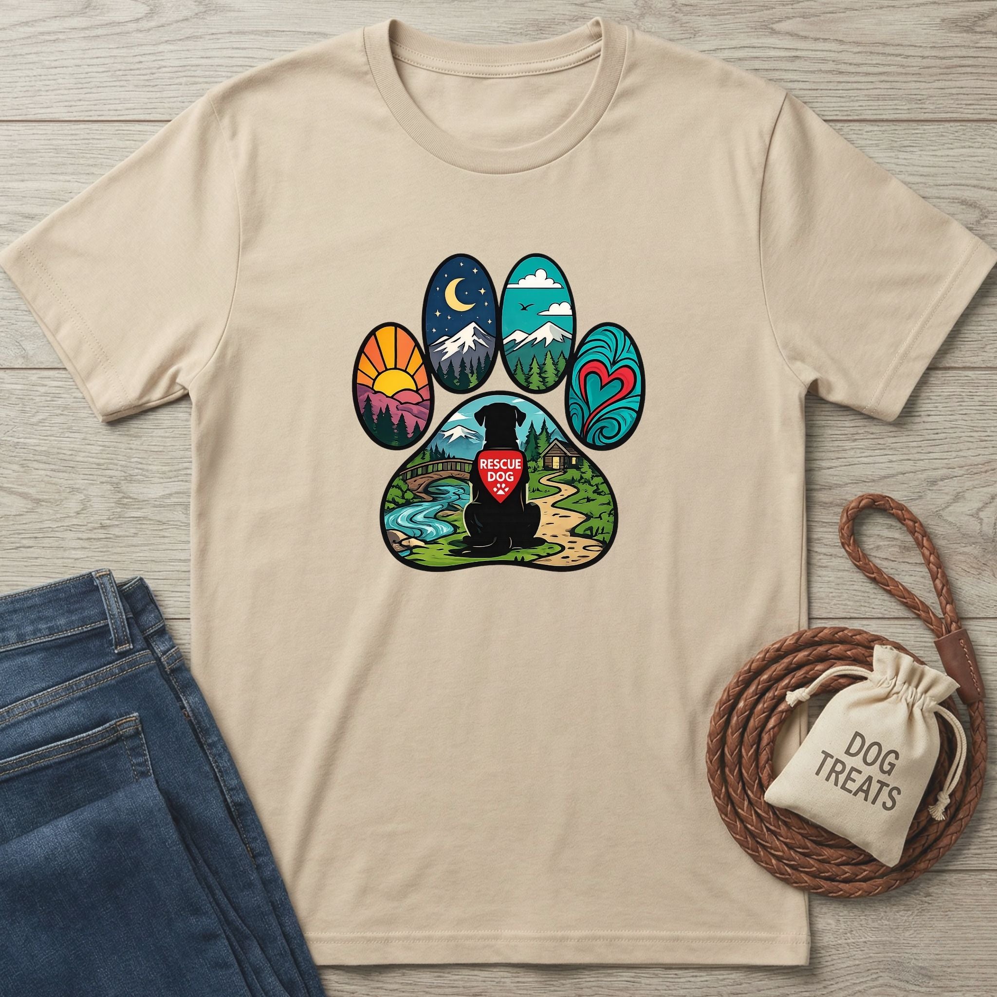 Beige cotton Wonder Paw T-shirt with a colorful paw print design featuring a black dog wearing a "Rescue Dog" bandana.