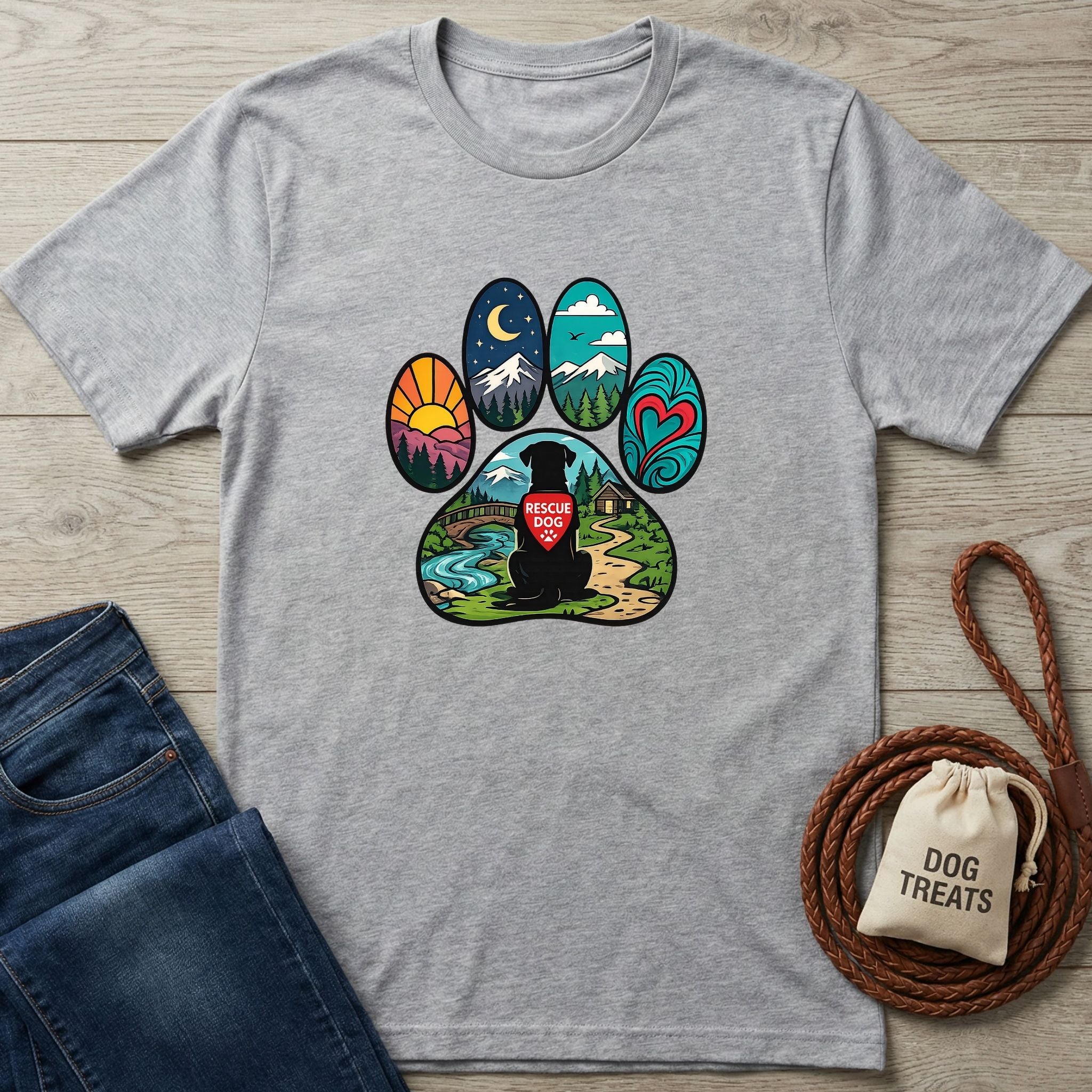 Gray Wonder Paw T-Shirt with a colorful paw print design featuring a black dog wearing a "Rescue Dog" bandana.