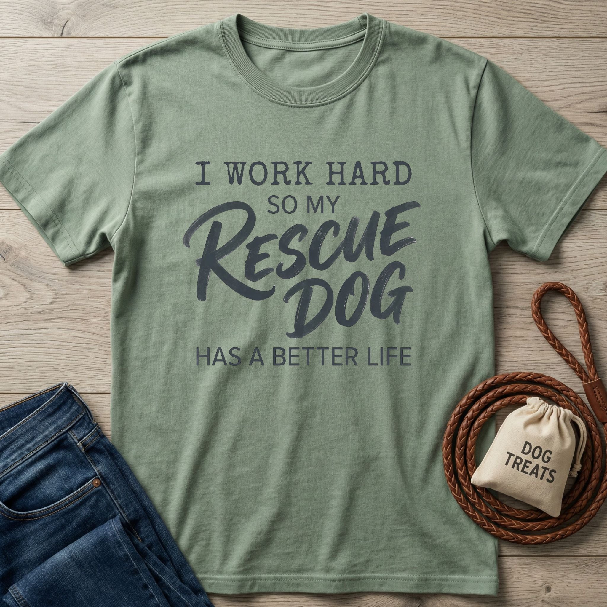 Sage green Gildan Softstyle t-shirt with "I work hard so my rescue dog has a better life" text.