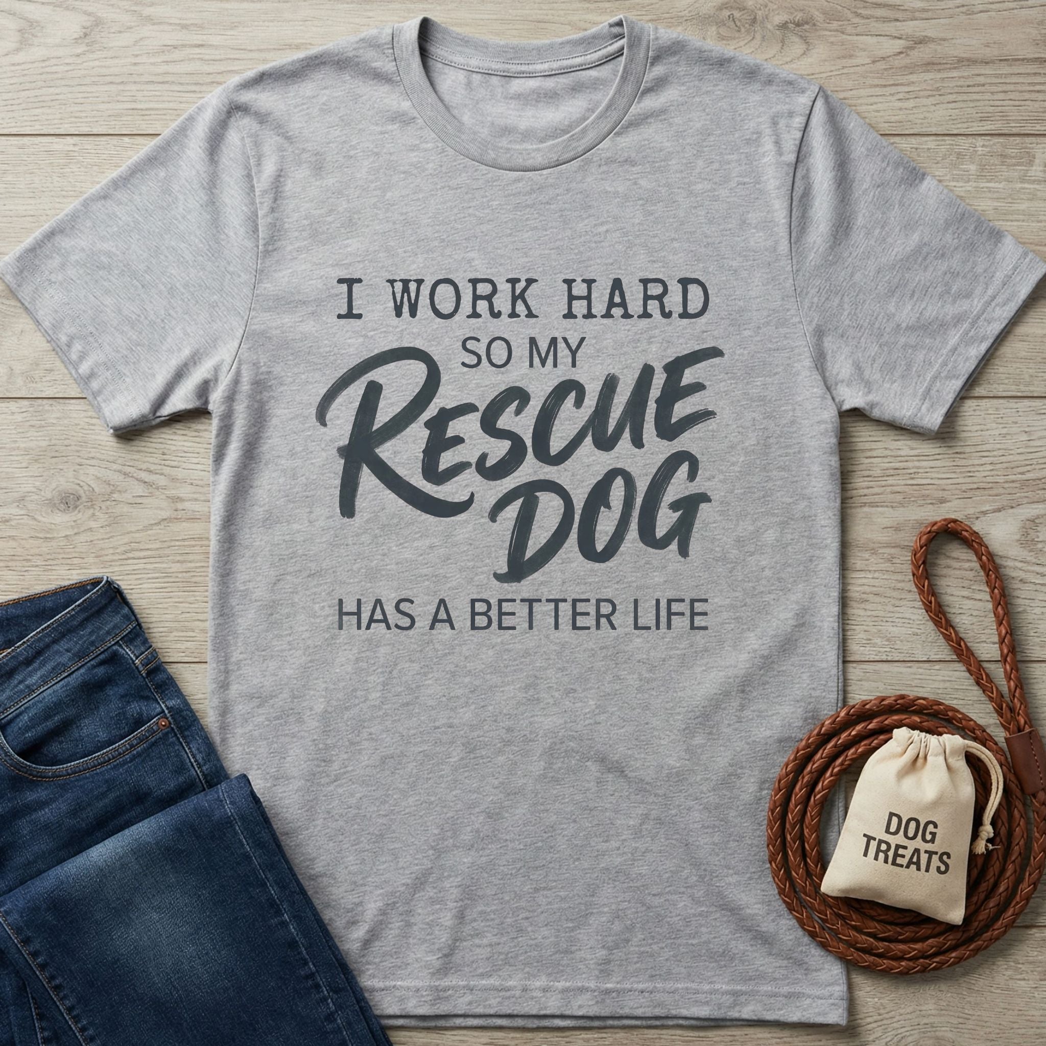Light grey Gildan Softstyle t-shirt with "I Work Hard So My Rescue Dog Has A Better Life" text.