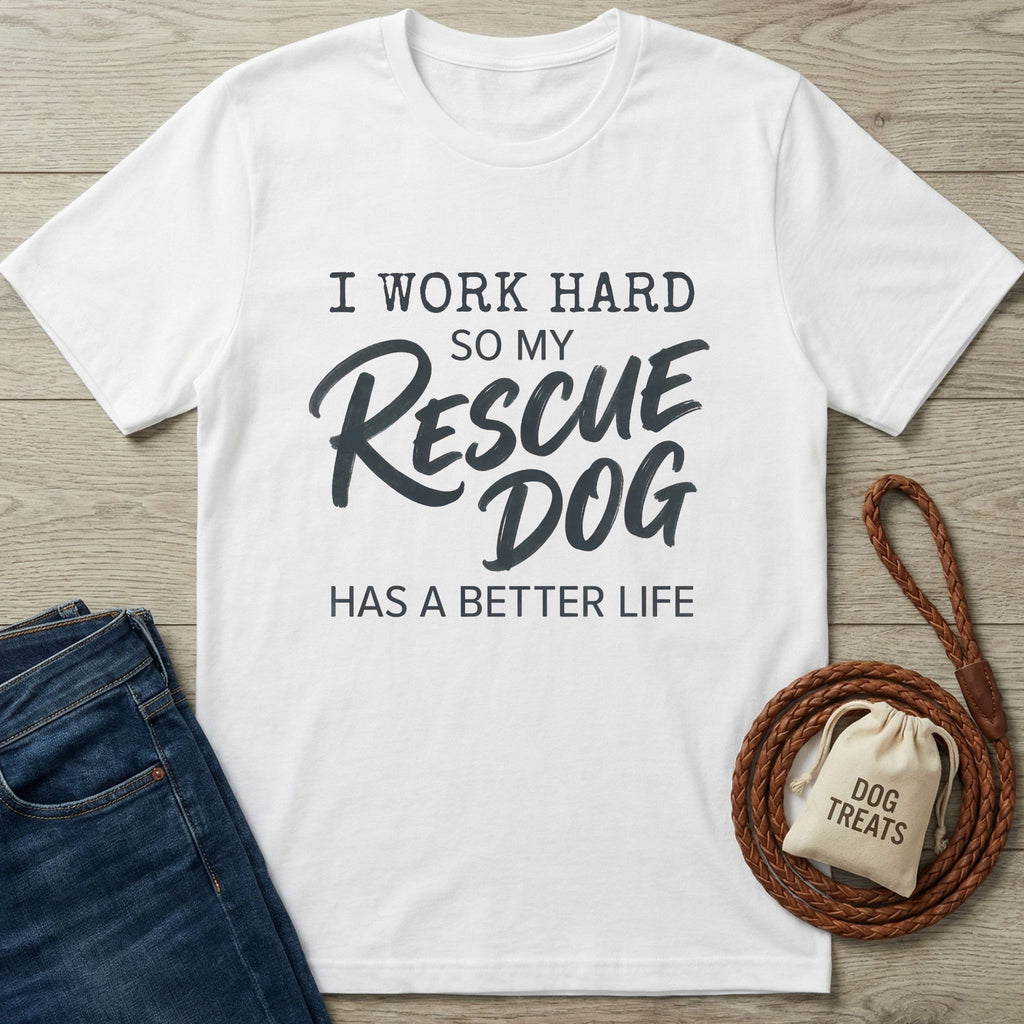 White Gildan Softstyle® t-shirt with "I Work Hard So My Rescue Dog Has a Better Life" text.