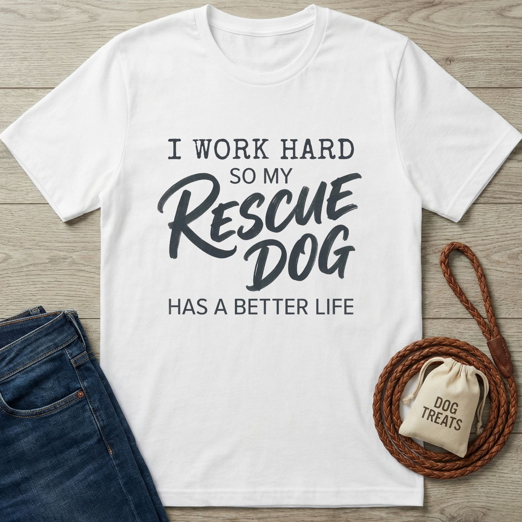 White Gildan Softstyle® t-shirt with "I Work Hard So My Rescue Dog Has a Better Life" text.