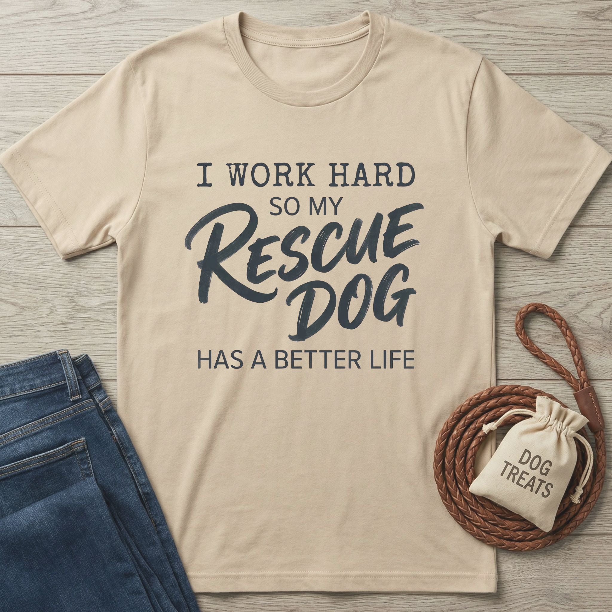 Tan Gildan Softstyle t-shirt with "I Work Hard So My Rescue Dog Has a Better Life" text, next to jeans and dog treats.