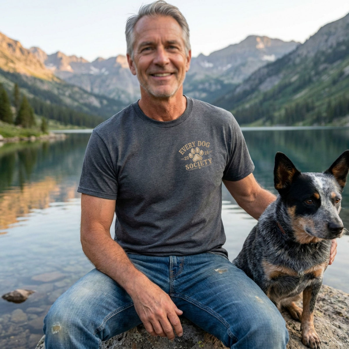 Man wearing a charcoal grey vintage-style World Tour t-shirt with a paw print logo, sitting by a lake with his dog.