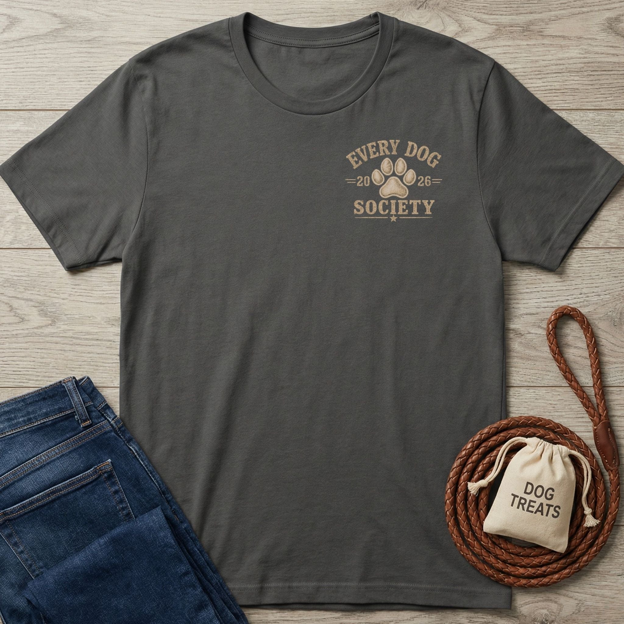 Charcoal grey vintage-style cotton t-shirt featuring an Every Dog Society paw print graphic on the chest.