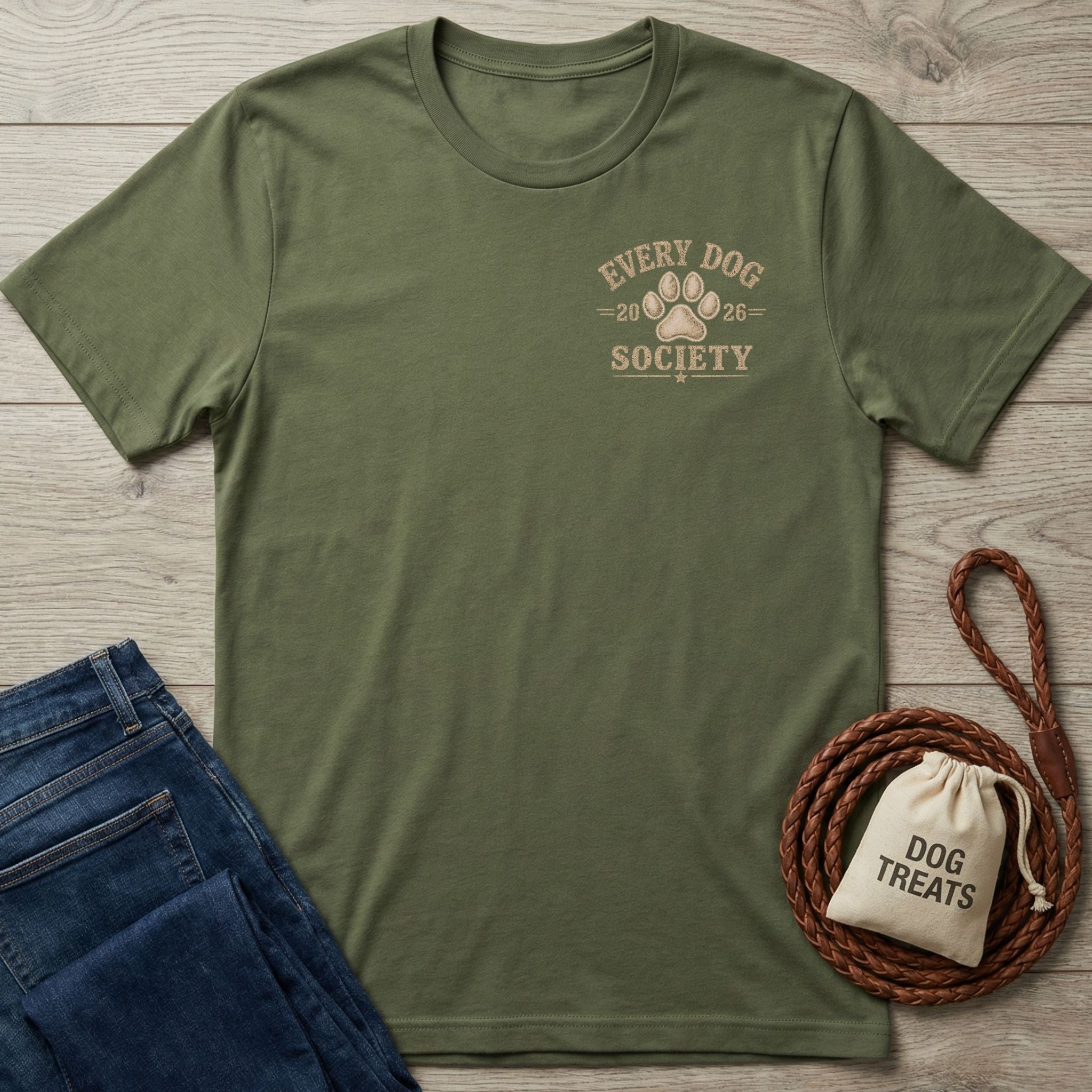 Olive green vintage-style cotton t-shirt with Every Dog Society paw print graphic on the chest.