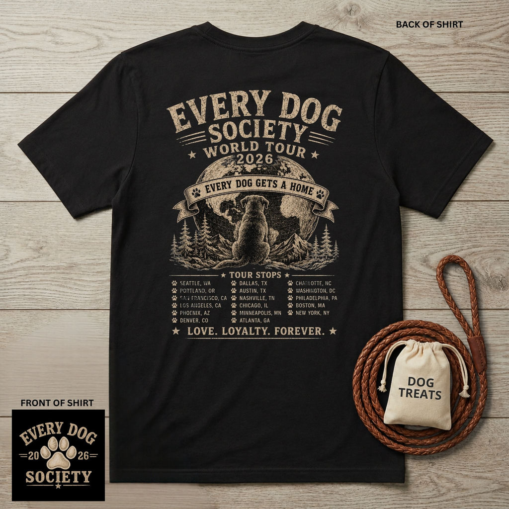 Black vintage-style band tee featuring a dog graphic, world tour dates, and Every Dog Society text on the back and chest.