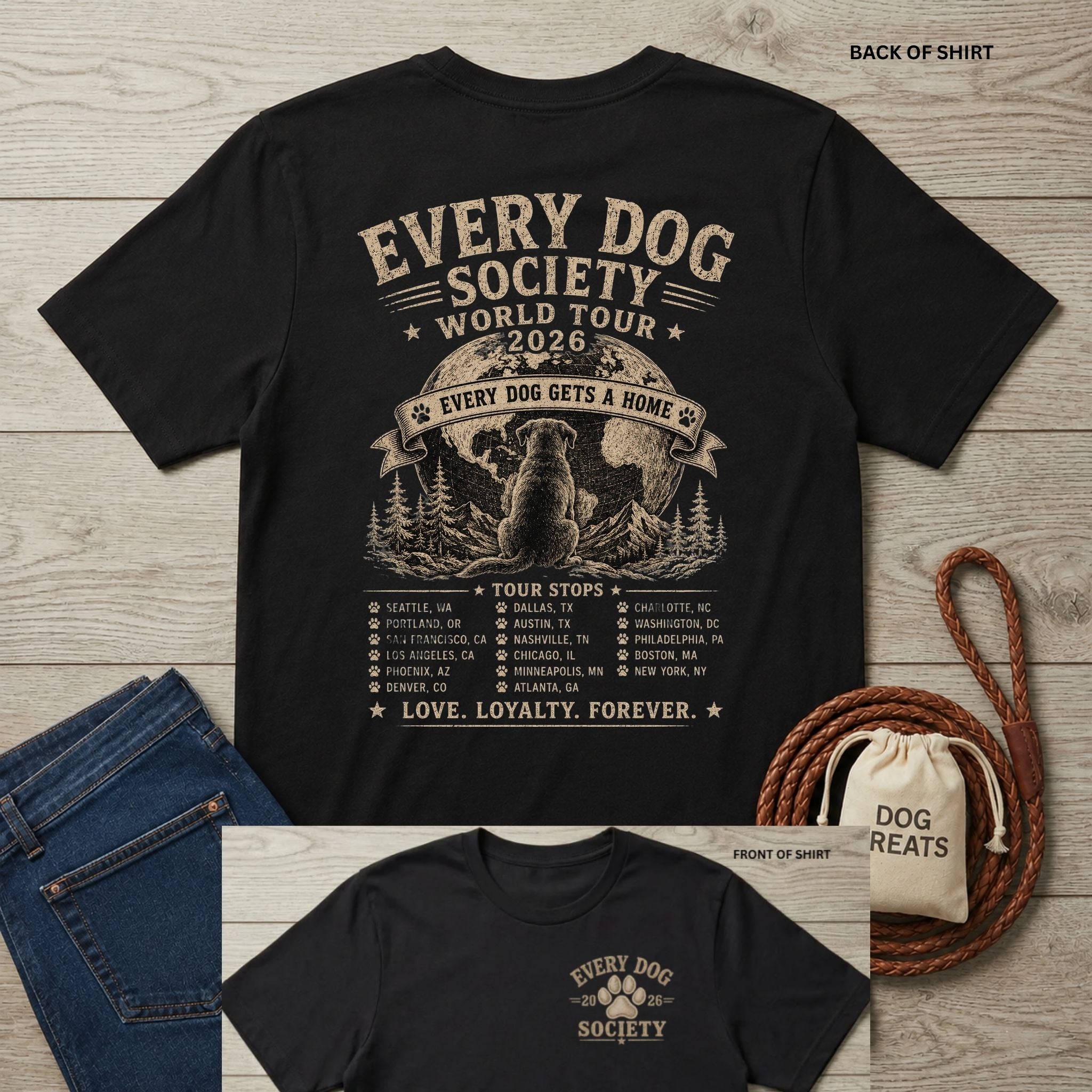 Black vintage-style band tee featuring a dog graphic, world tour dates, and Every Dog Society text on the back and chest.