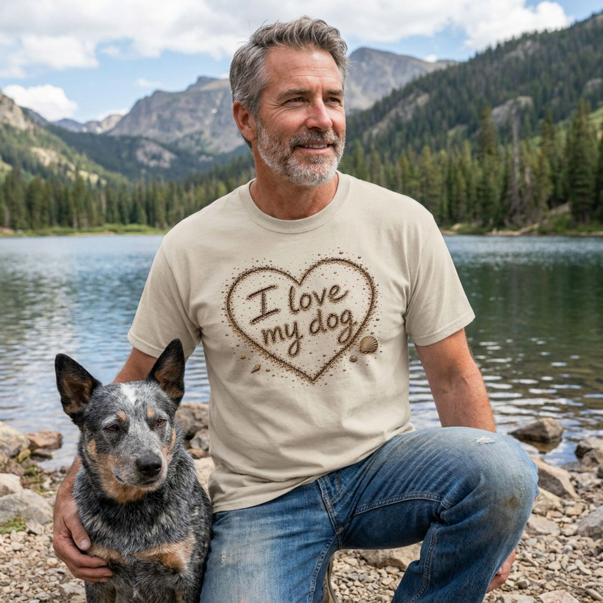 Beige crewneck t-shirt featuring an I love my dog heart design made of sand and seashells, worn by a man with his dog.